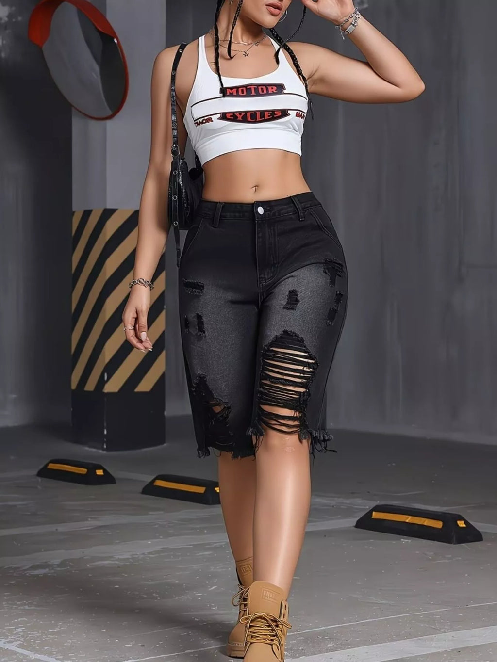 Distressed High Waist Denim Shorts