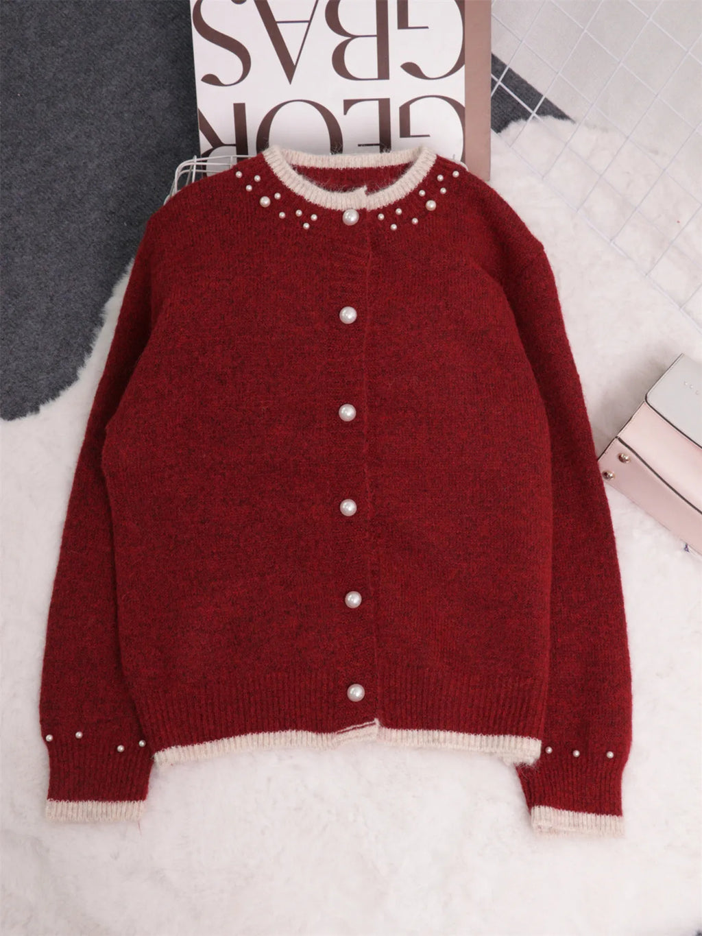Pearl Embellished Button-Front Cardigan