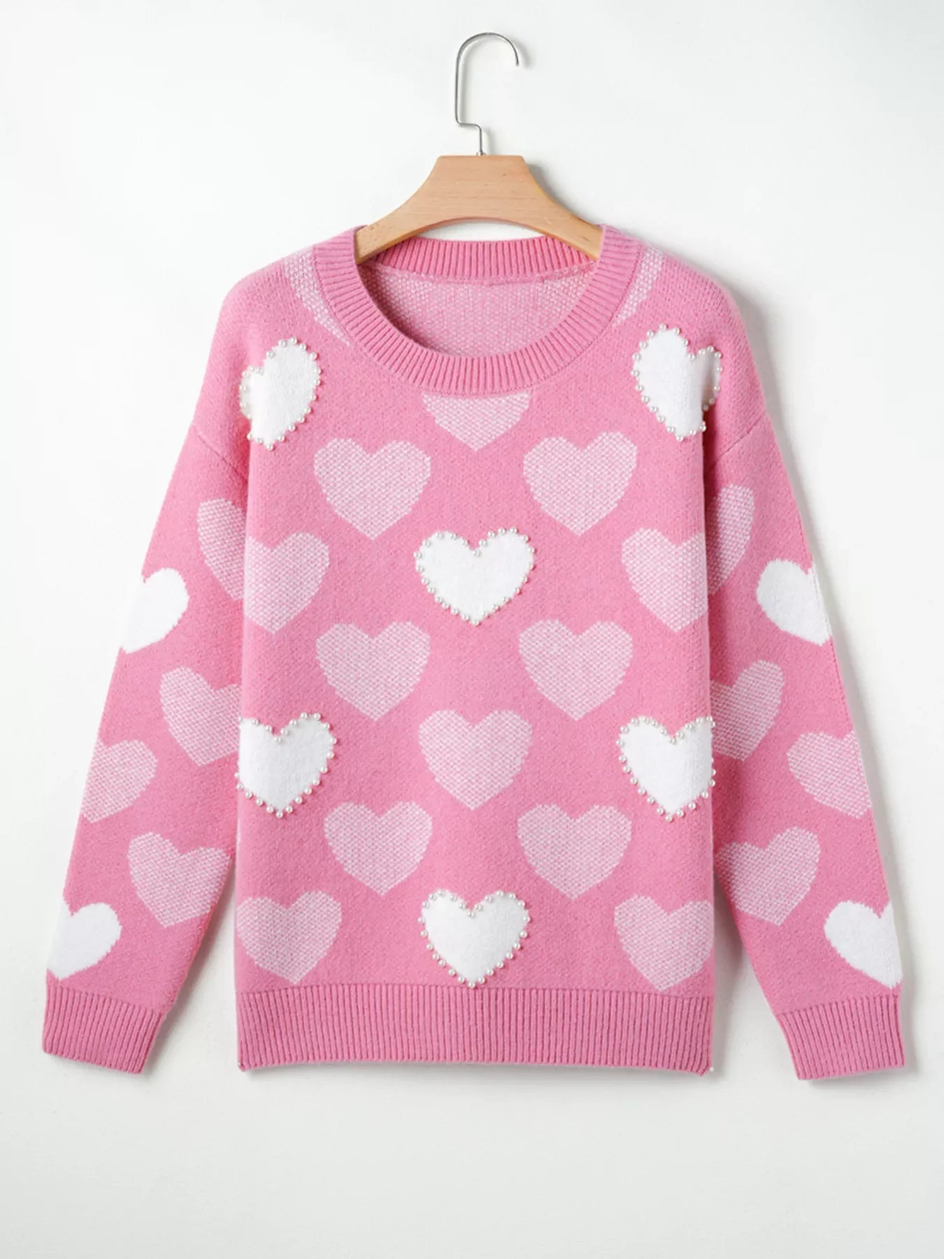 Pearled Heart Print Valentines Crew Neck Sweater