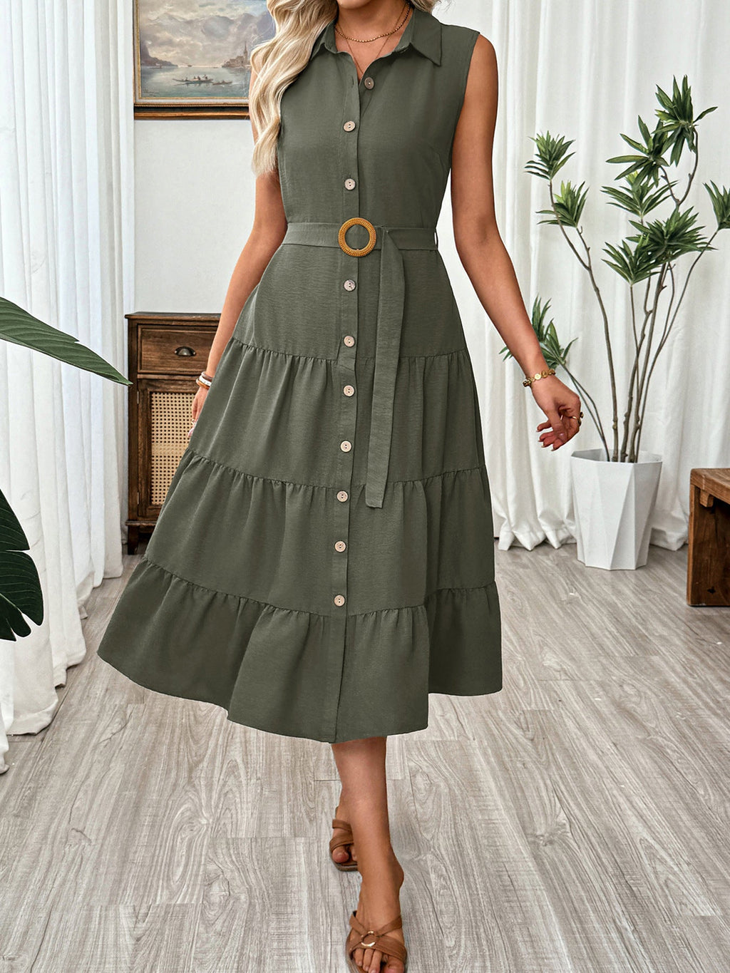 Sleeveless Button-Down Tiered Midi Dress