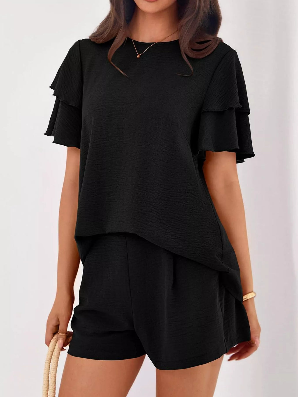 Ruffle Sleeve Top and Shorts Two-Piece Set