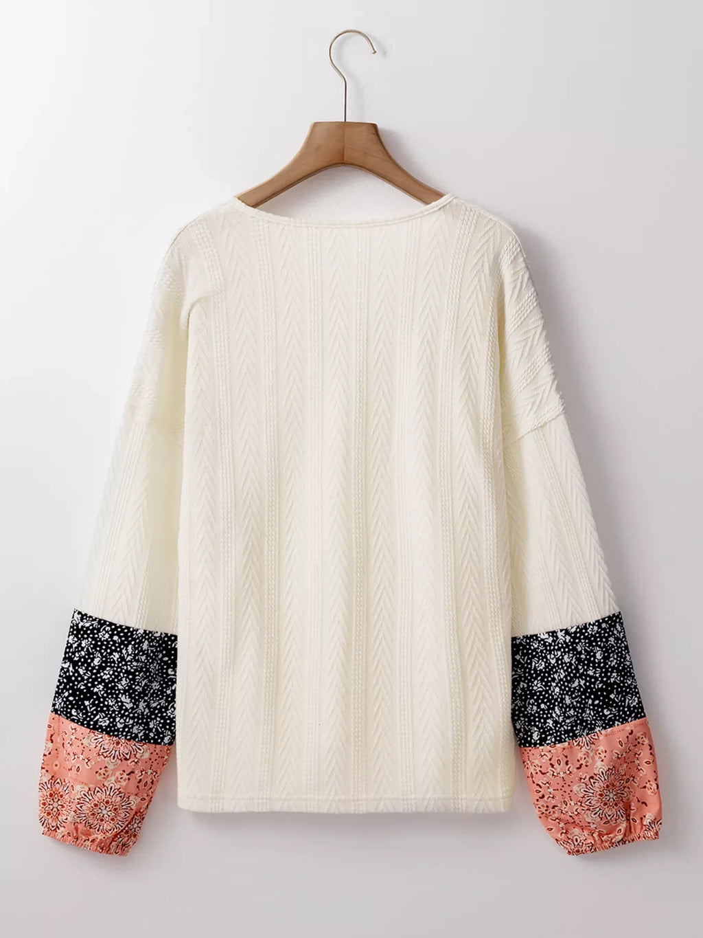 Floral Patchwork Textured Knit Drawstring V Neck Blouse