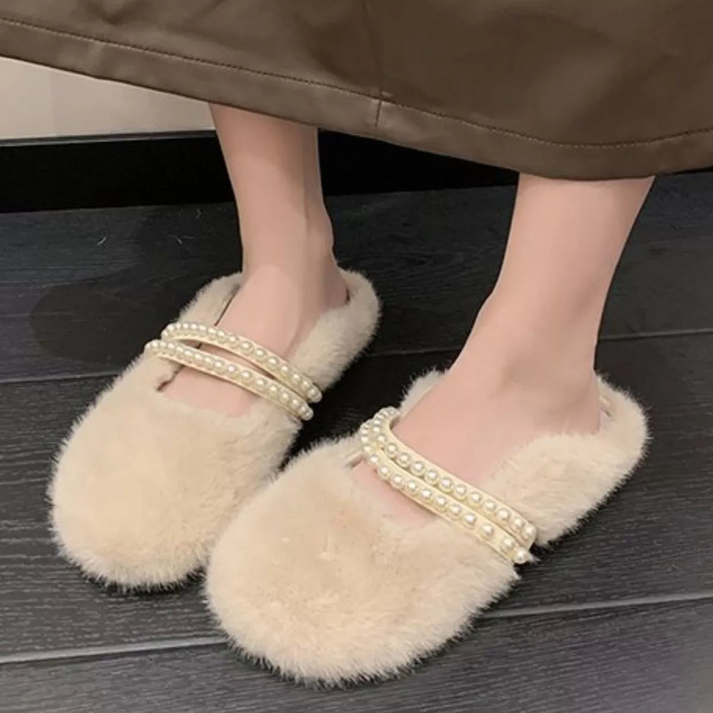Pearl Embellished Plush Slippers