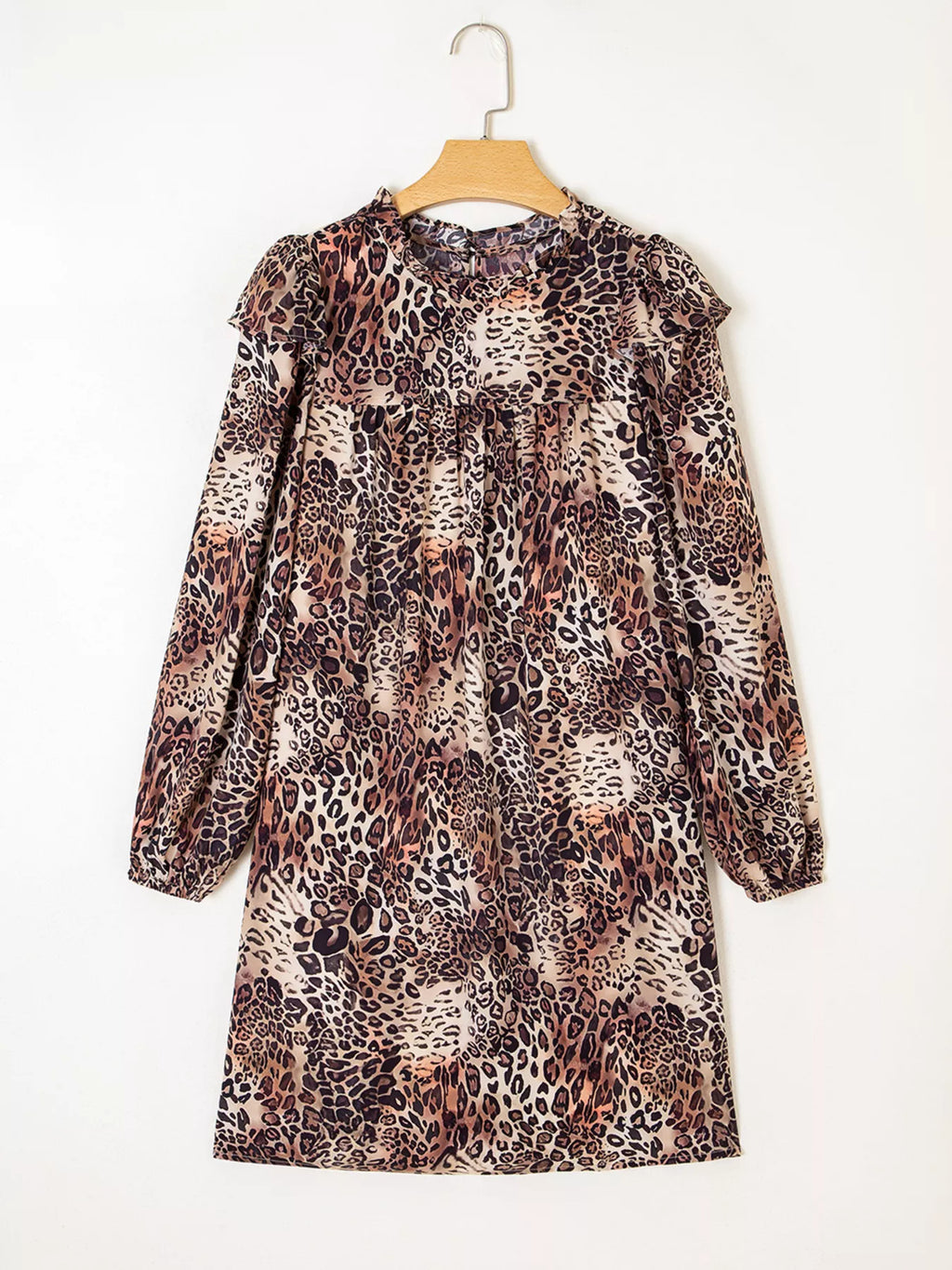 Leopard Ruffled Detail Long Sleeve Loose Mini Dress
