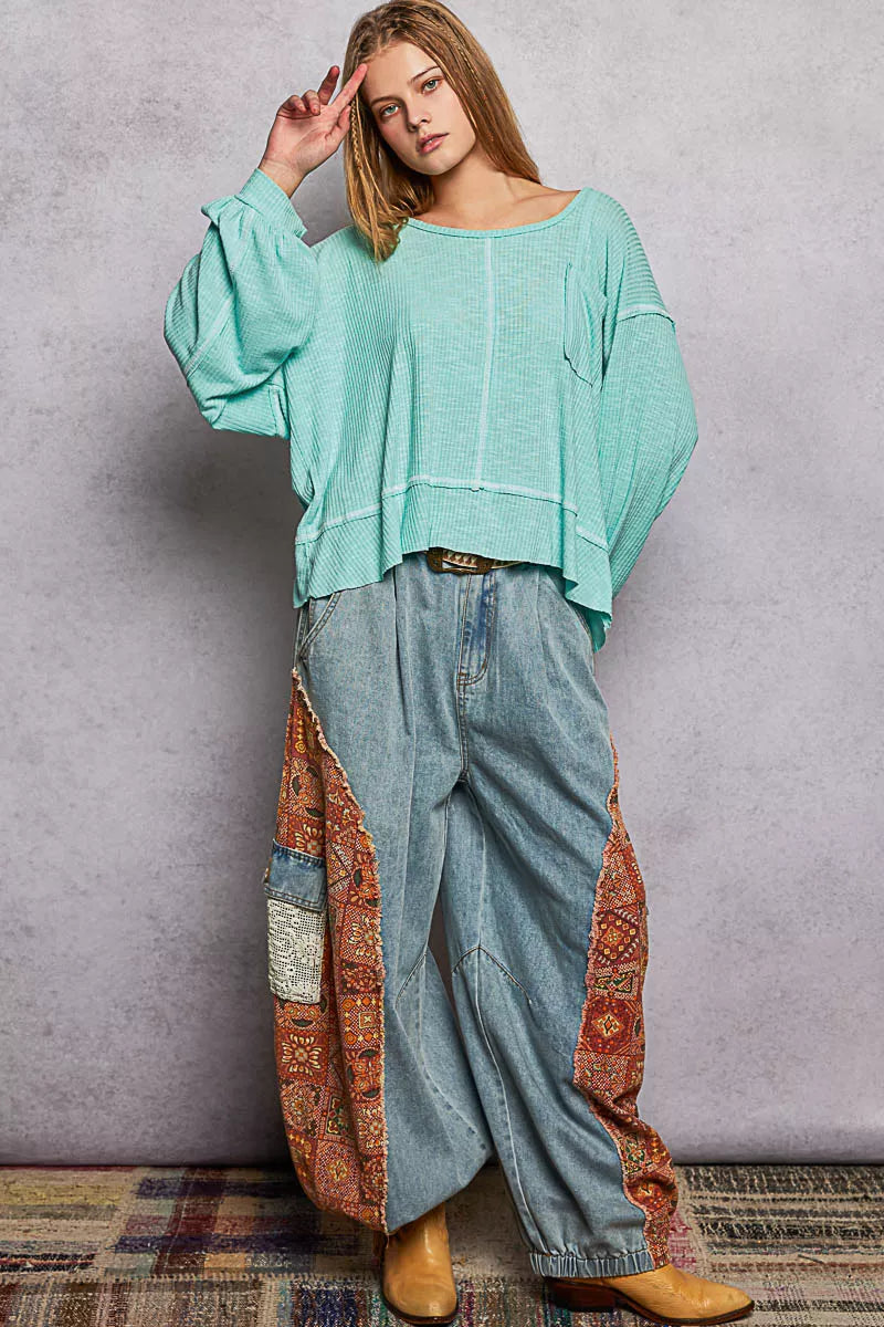 POL Round Neck Long Sleeve Exposed Seam Top with Chest Pocket