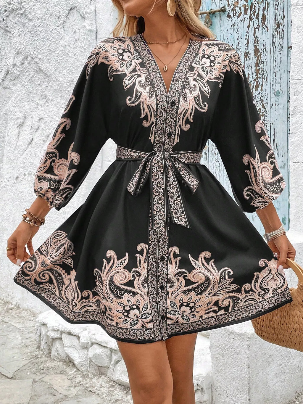 Paisley Print V-Neck Belted Mini Dress