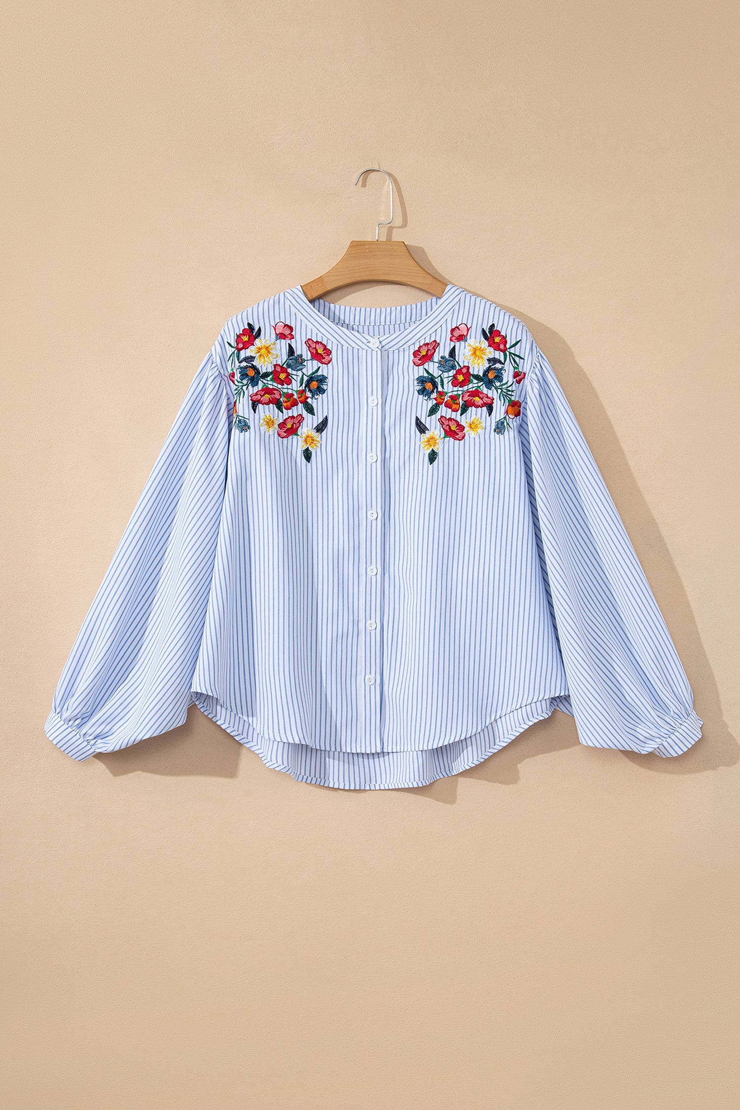 Floral Embroidered Stripe Billowy Sleeve Tunic Shirt