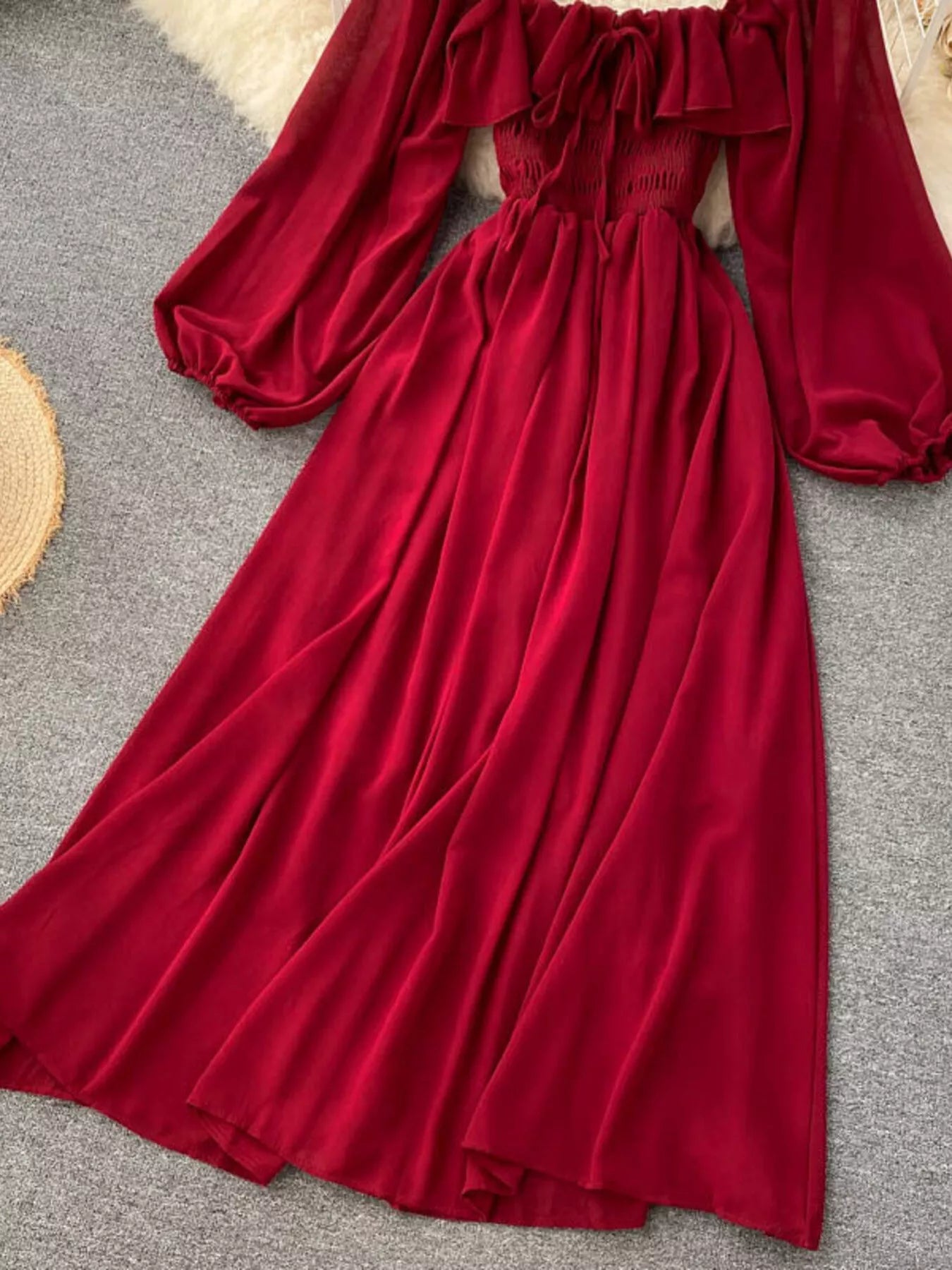 Ruffle Square Neck Balloon Sleeve A-Line Dress