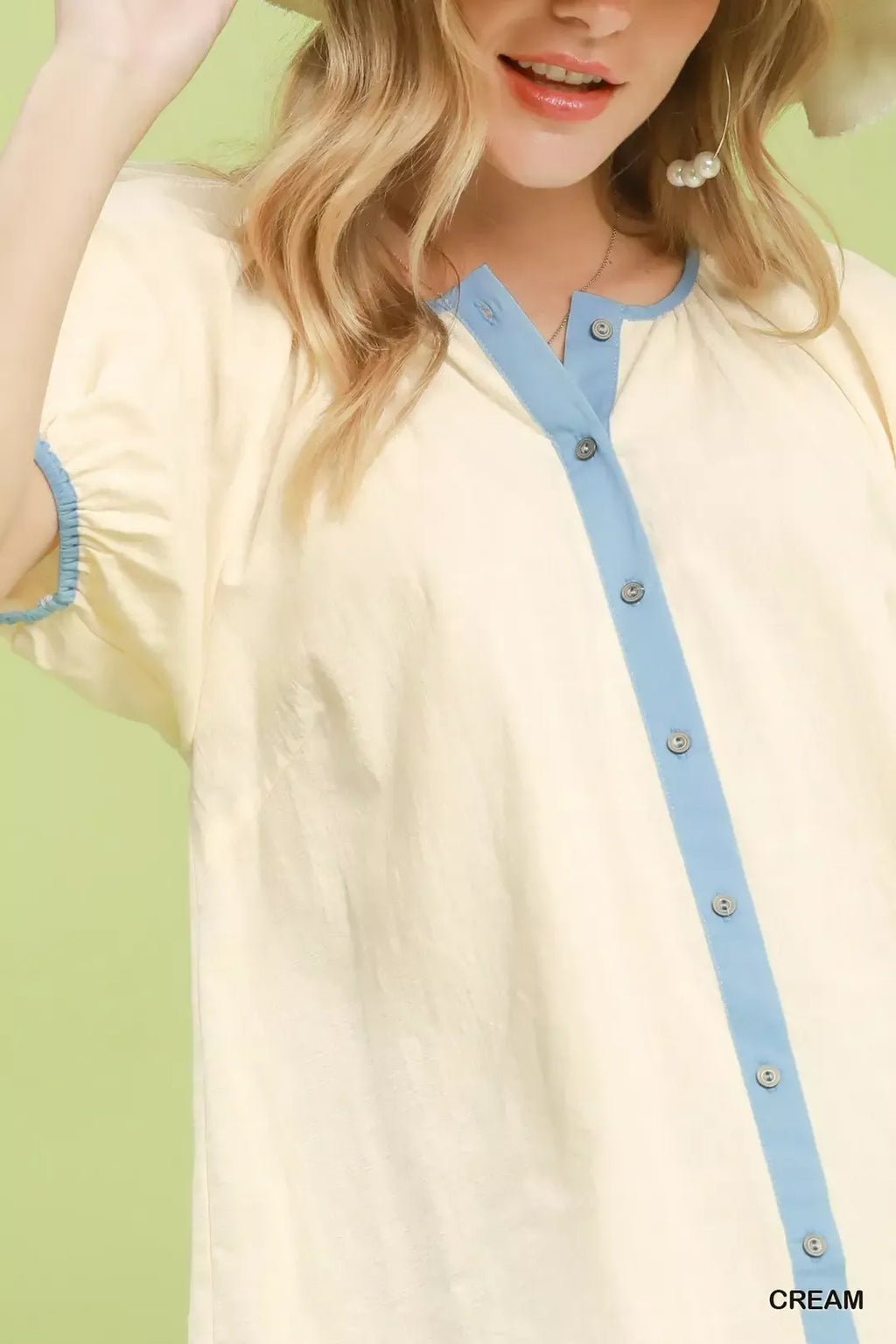 Umgee Contrast Trim Button Front Puff Sleeve Blouse