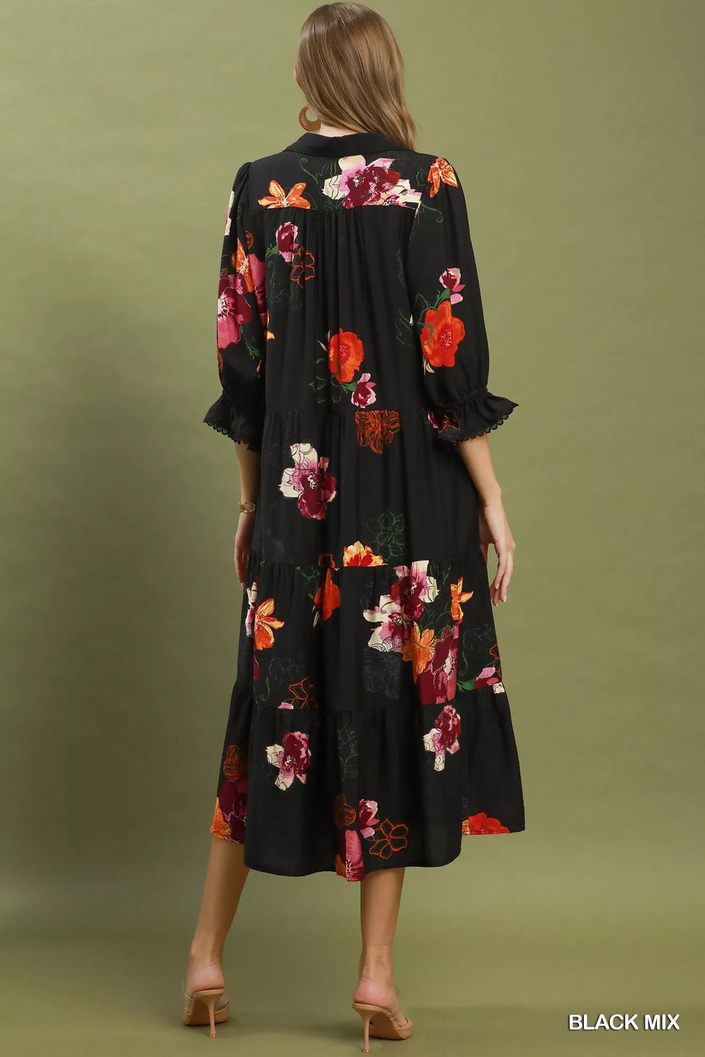 Umgee Floral Print Tiered Midi Dress with Puff Sleeves