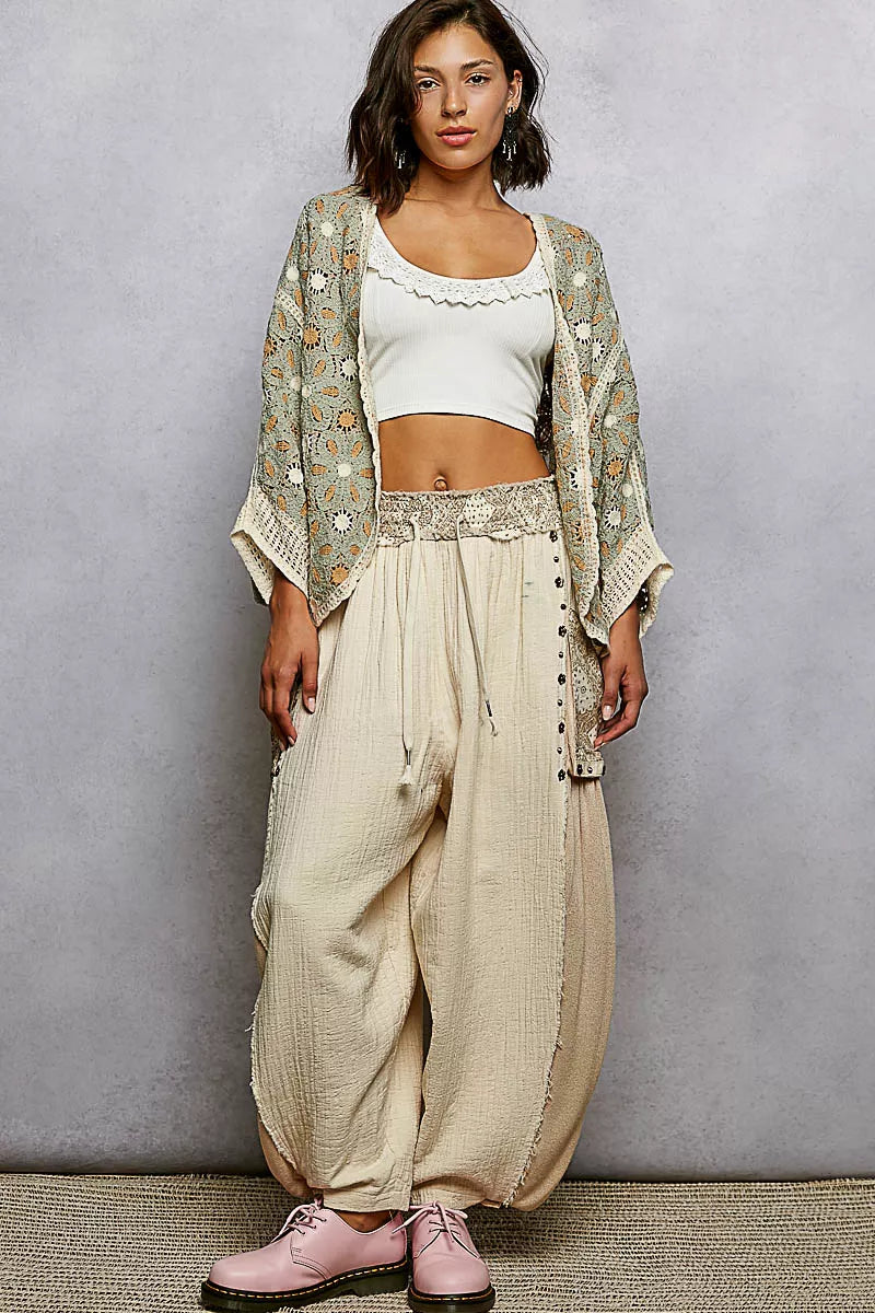 POL Open Front Floral Pattern Crochet Cardigan