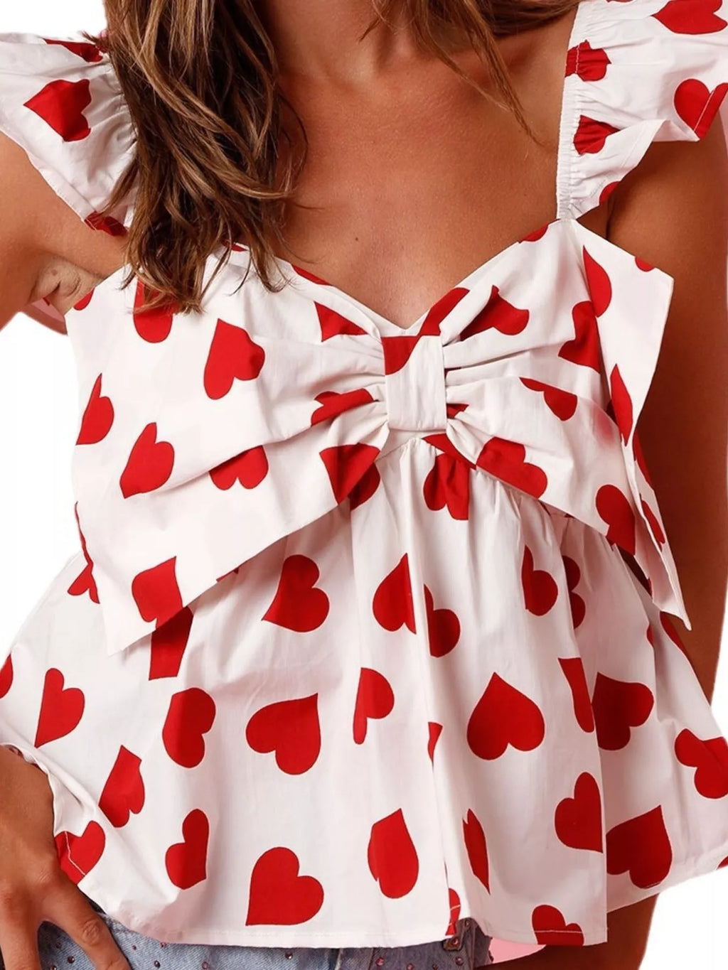 Heart Print Ruffle Trim Bow Tank