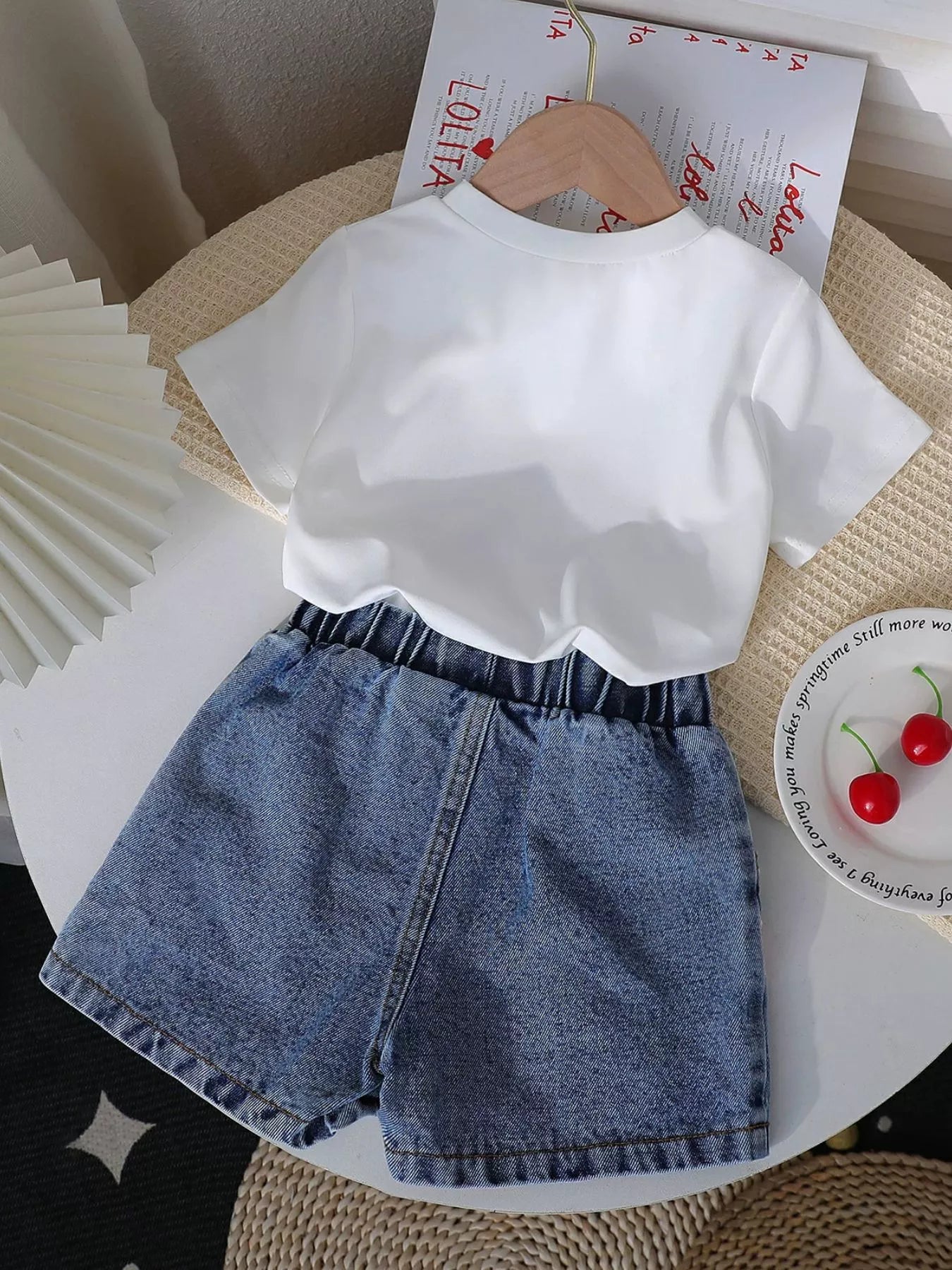 Children's Bowknot T-shirt and Denim Shorts Set