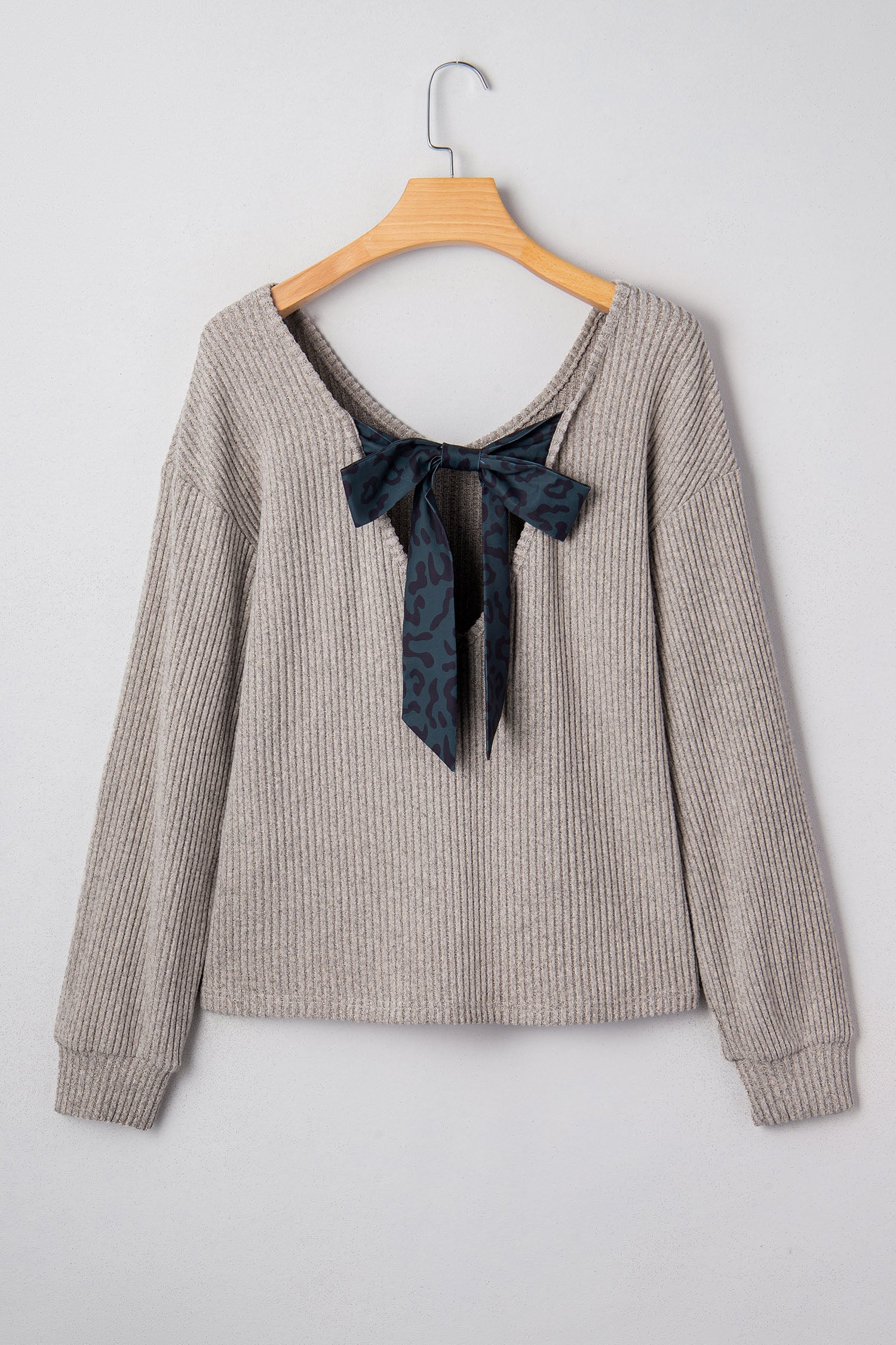 Bow Tie Back Ribbed Long Sleeve V-Neck Top