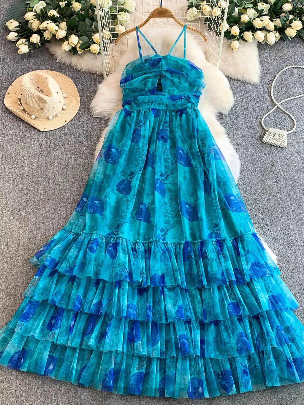 Floral Print Ruffled Layered Mesh Dress