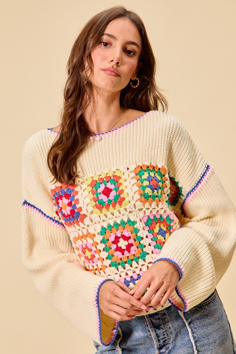 SO ME Multi Color Granny Crochet Lace Sweater Top