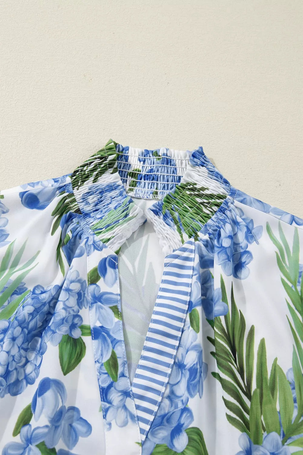 Palm Floral Print Striped Patchwork V Neck Short Sleeve Blouse