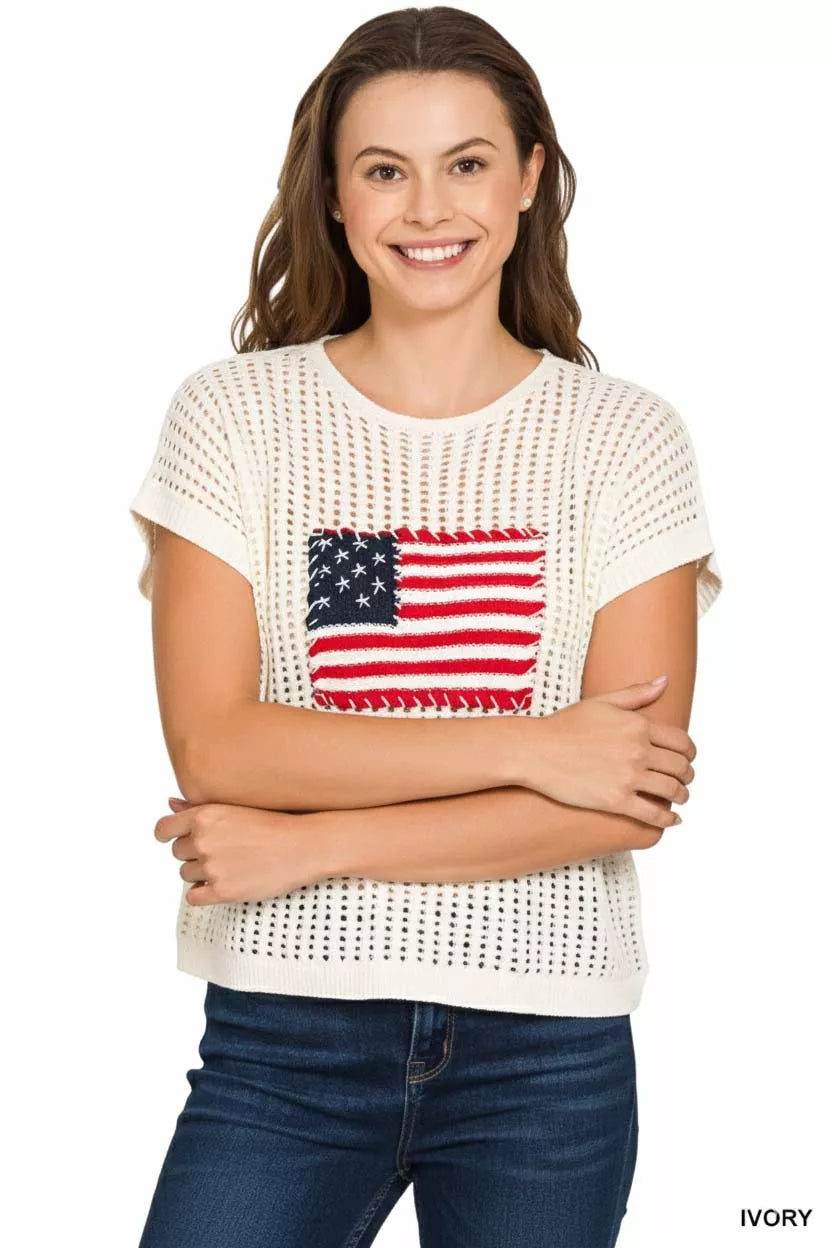 Zenana Viscose American Flag Openwork Knit Top