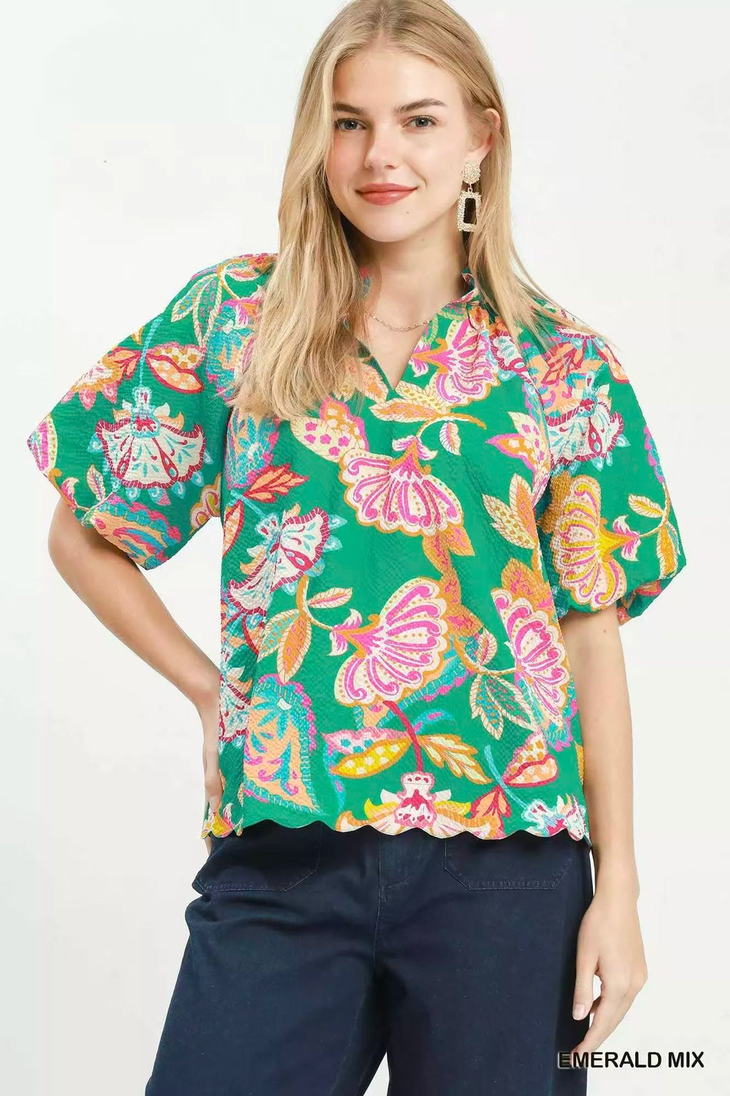 Umgee Mix Floral Print Scallop Hem Blouse