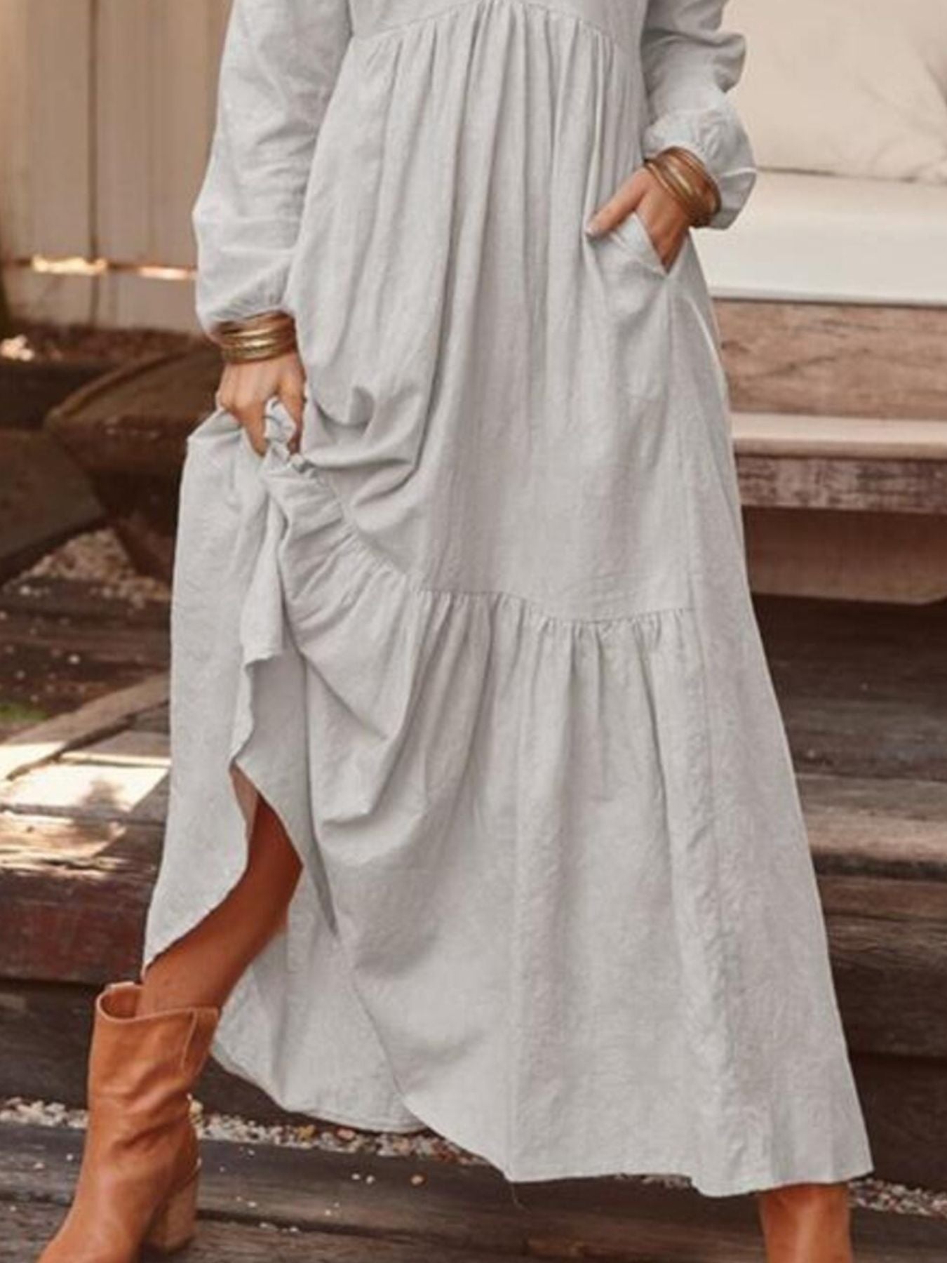 Full Size V-Neck Long Sleeve Tiered Maxi Dress Plus Size