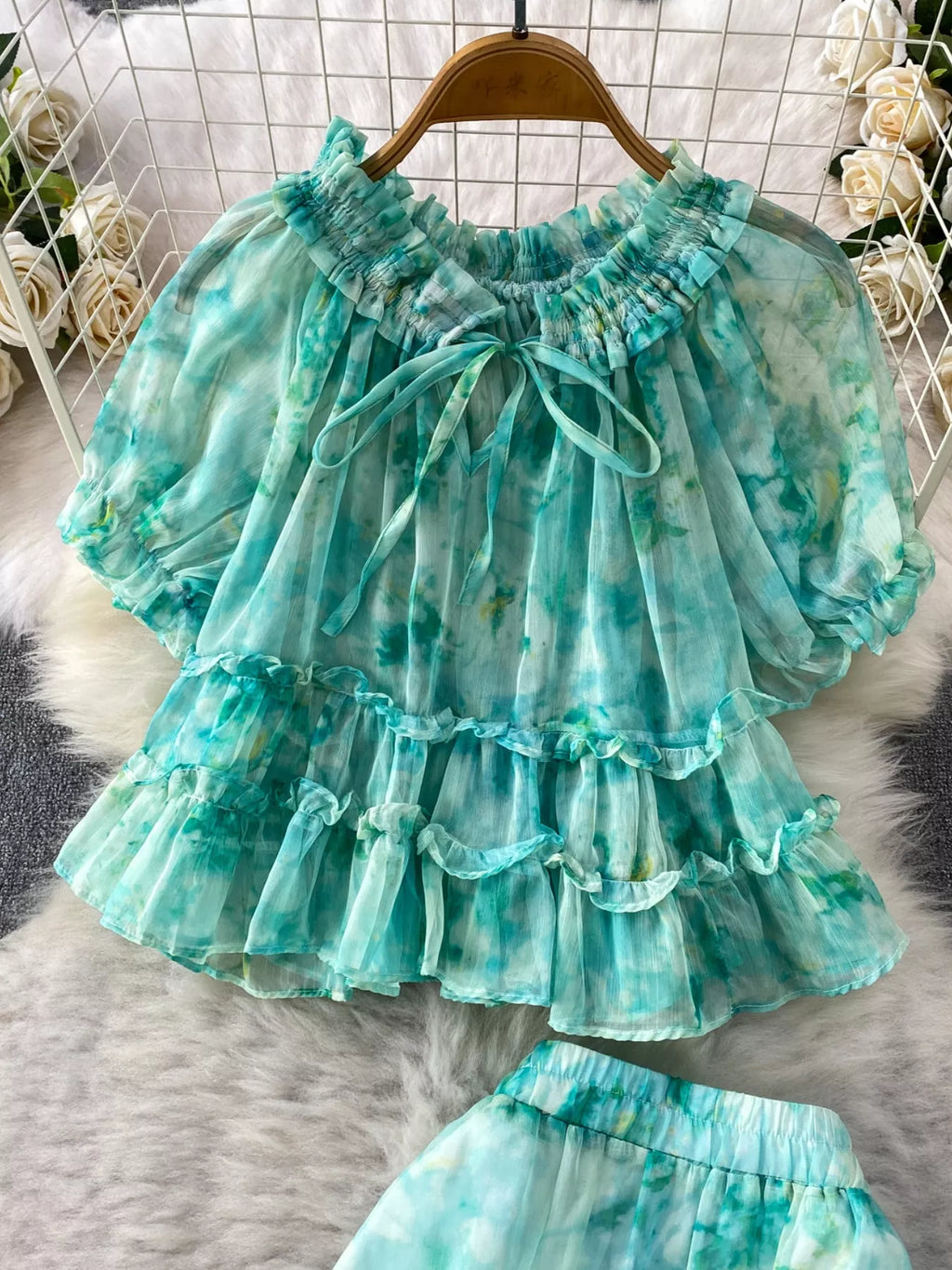 Floral Print Ruffle Hem Blouse and Skirt Set