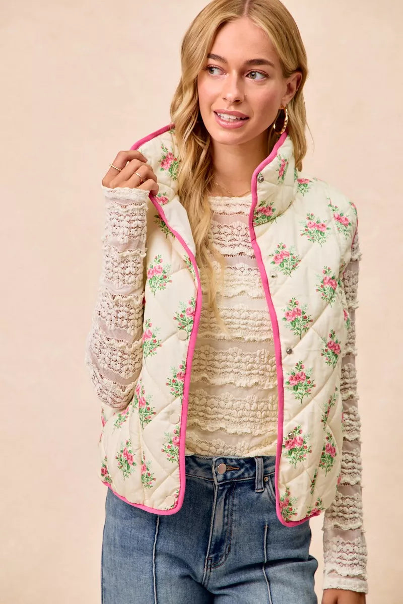 BiBi Floral Print Piping Detail Quilted Vest