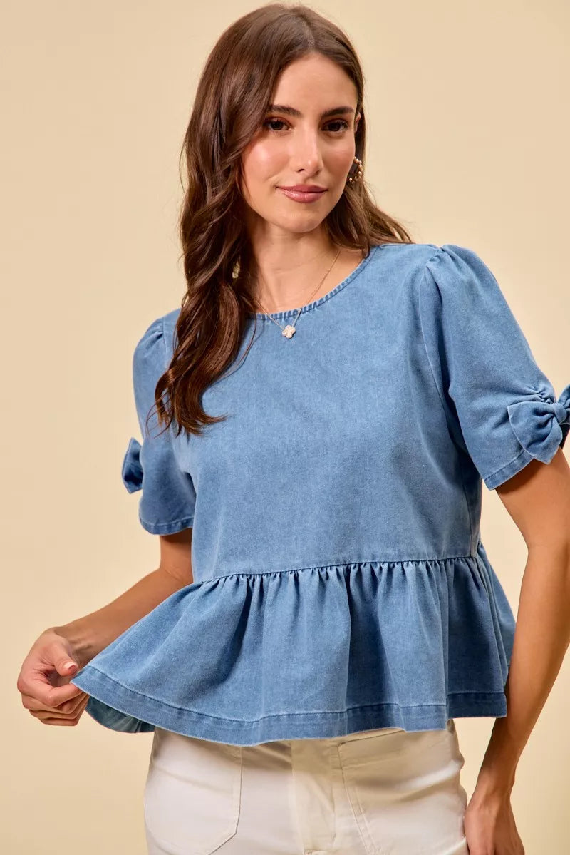 SO ME Denim Bow Detail Short Sleeves Peplum Top
