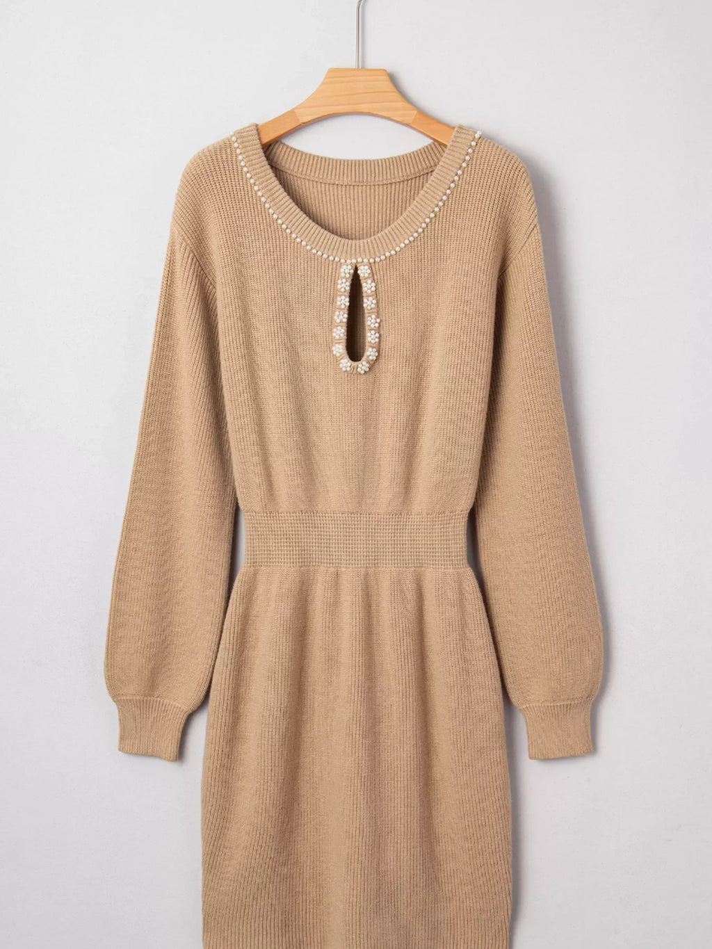 Pearl Embellished Keyhole Ribbed Sweater Dress