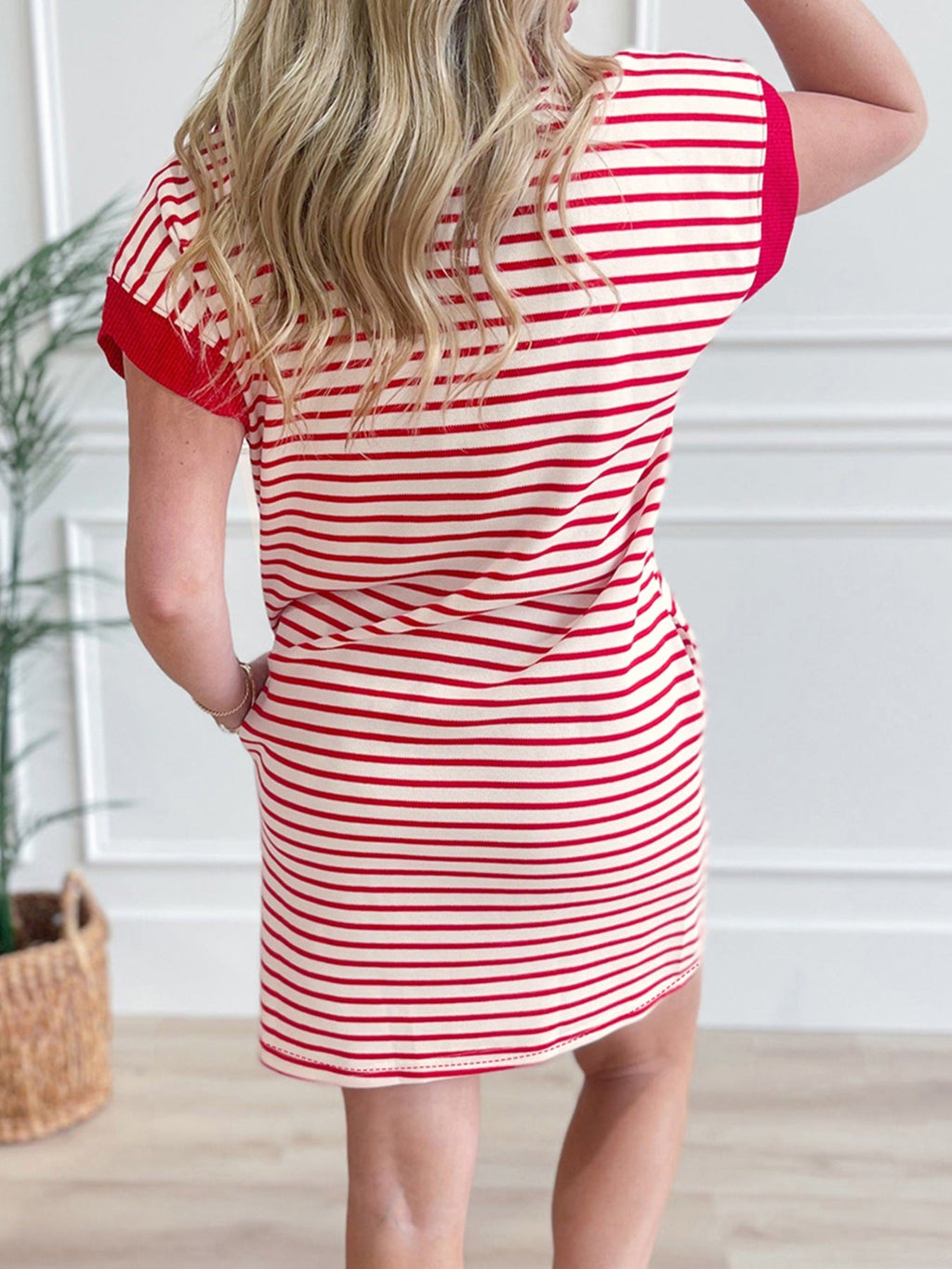 Stripe Quarter Zip Polo Collar T Shirt Dress with Pockets