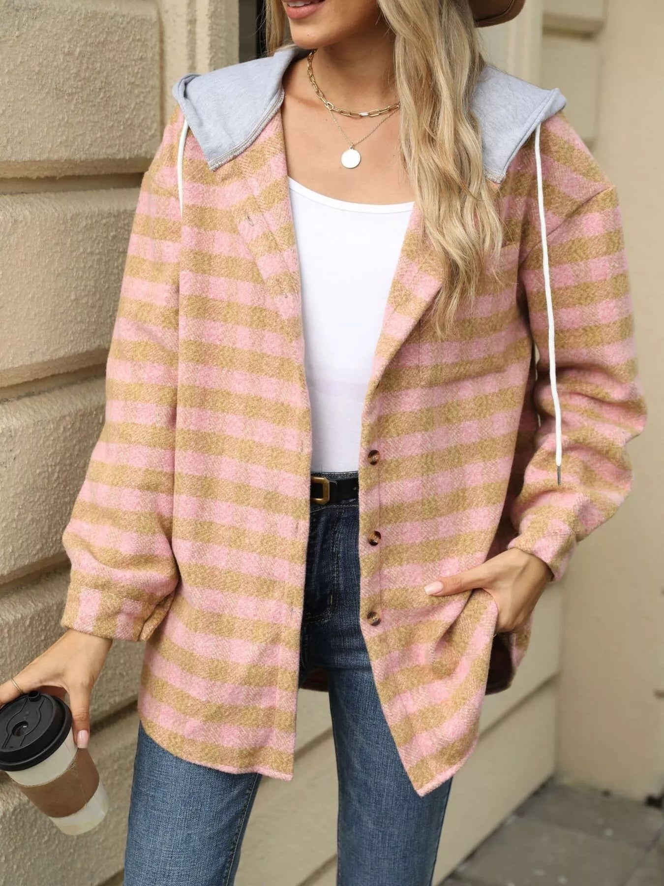 Plaid Button Up Long Sleeve Drawstring Hooded Jacket