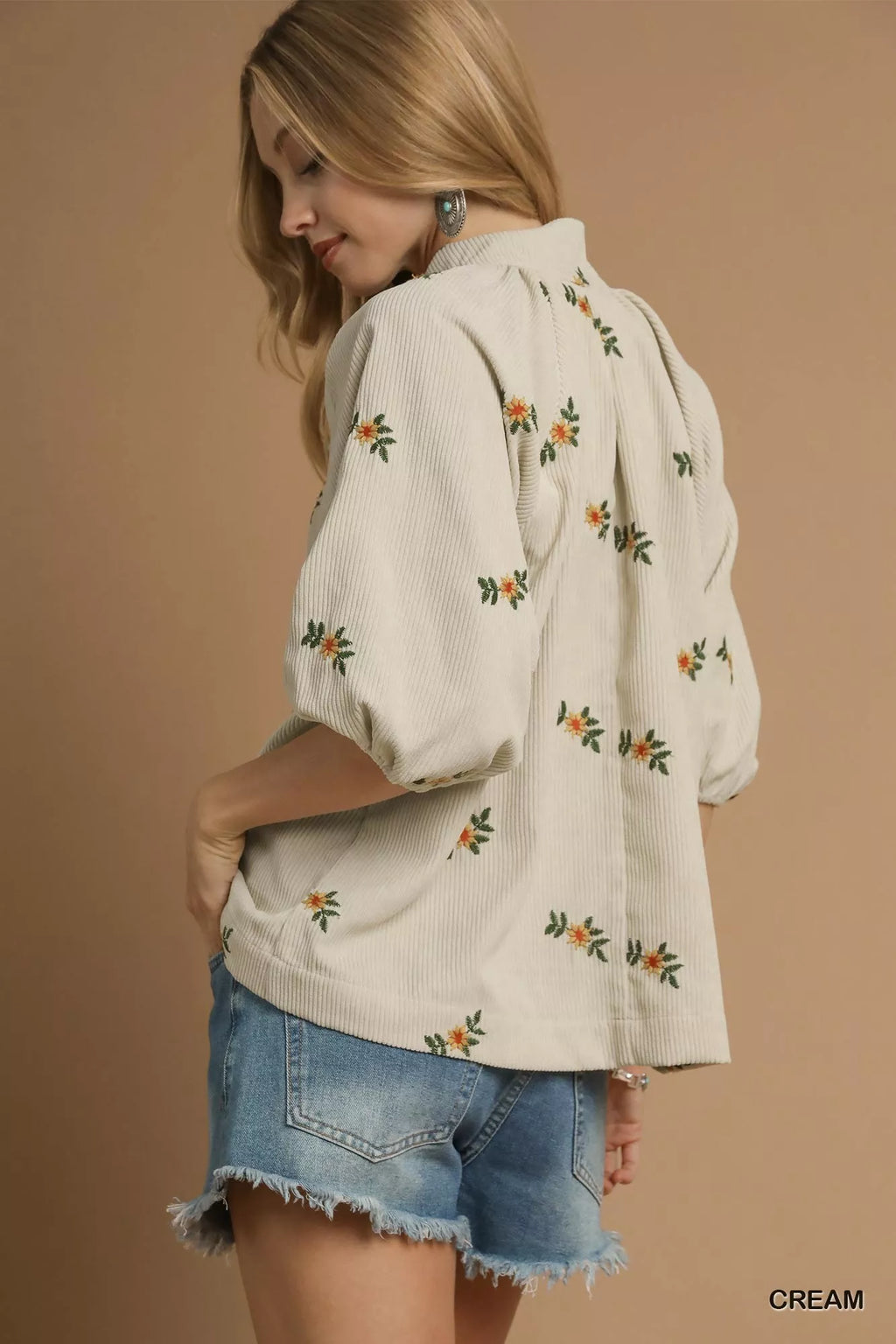 Umgee Corduroy Floral Embroidered Puff Sleeve Blouse