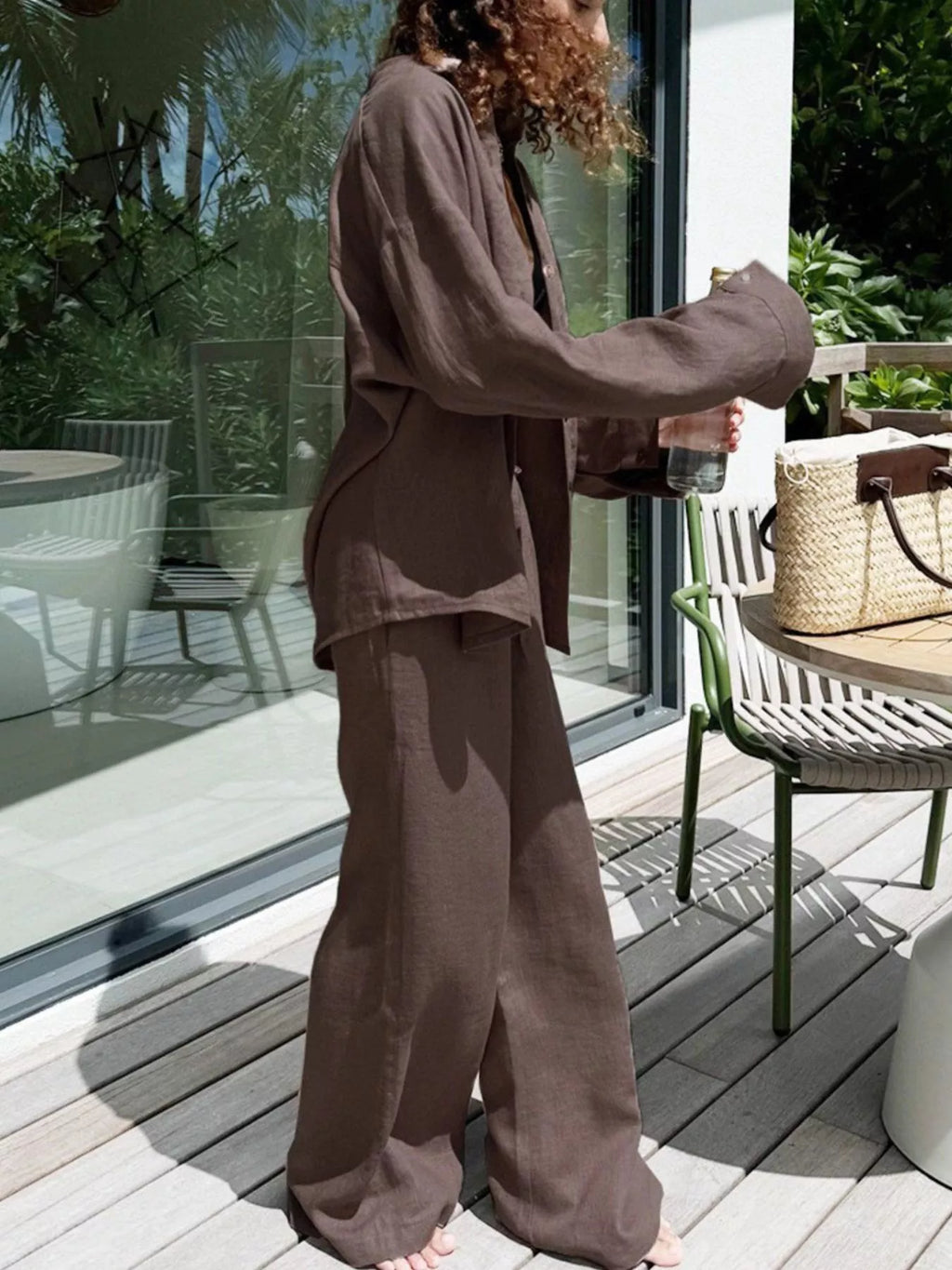 Relaxed Fit Button Up Shirt and Pants Two-Piece Set