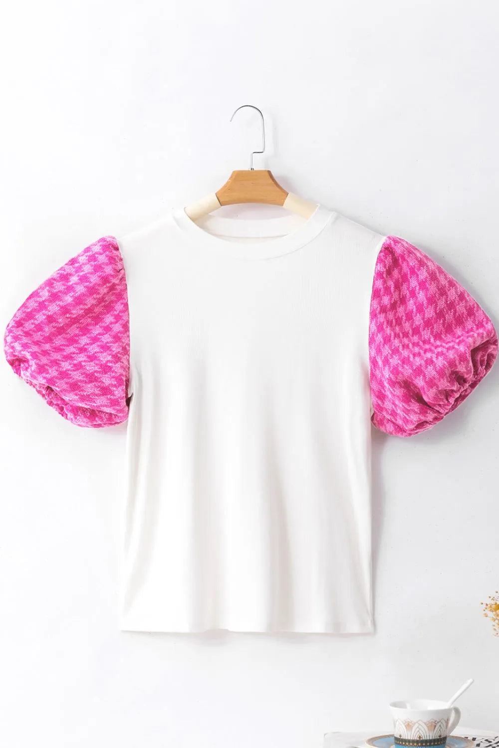 Round Neck Contrast Tweed Puff Sleeve Top