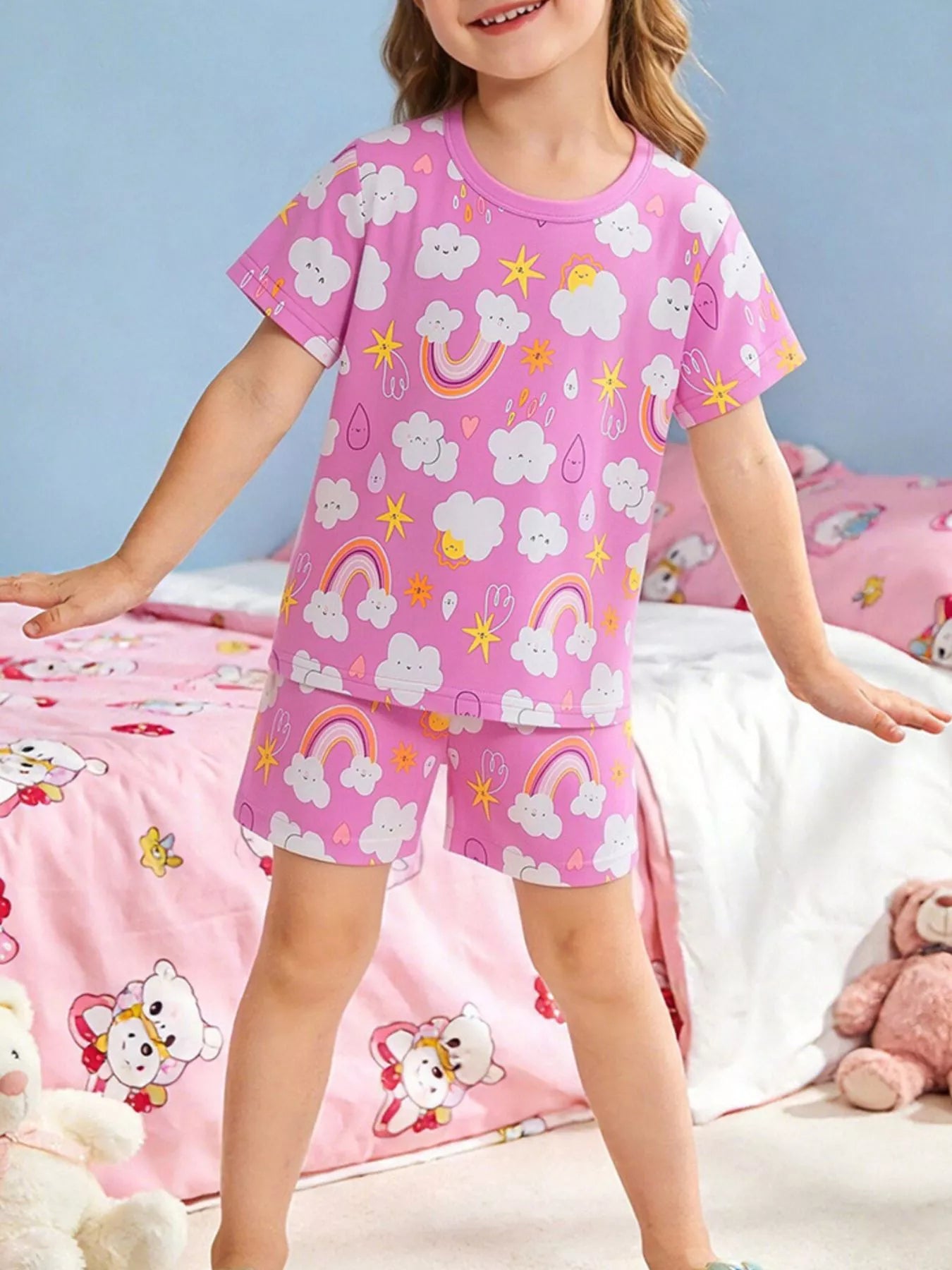 Children's Rainbow Cloud Print Tee and Shorts Set