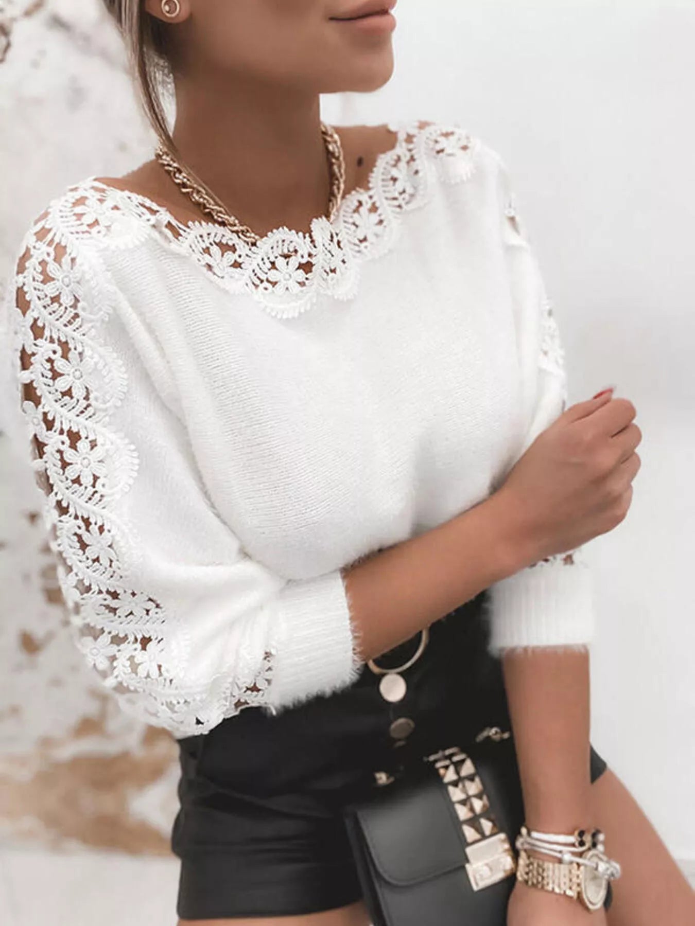 Lace Trim Round Neck Sweater