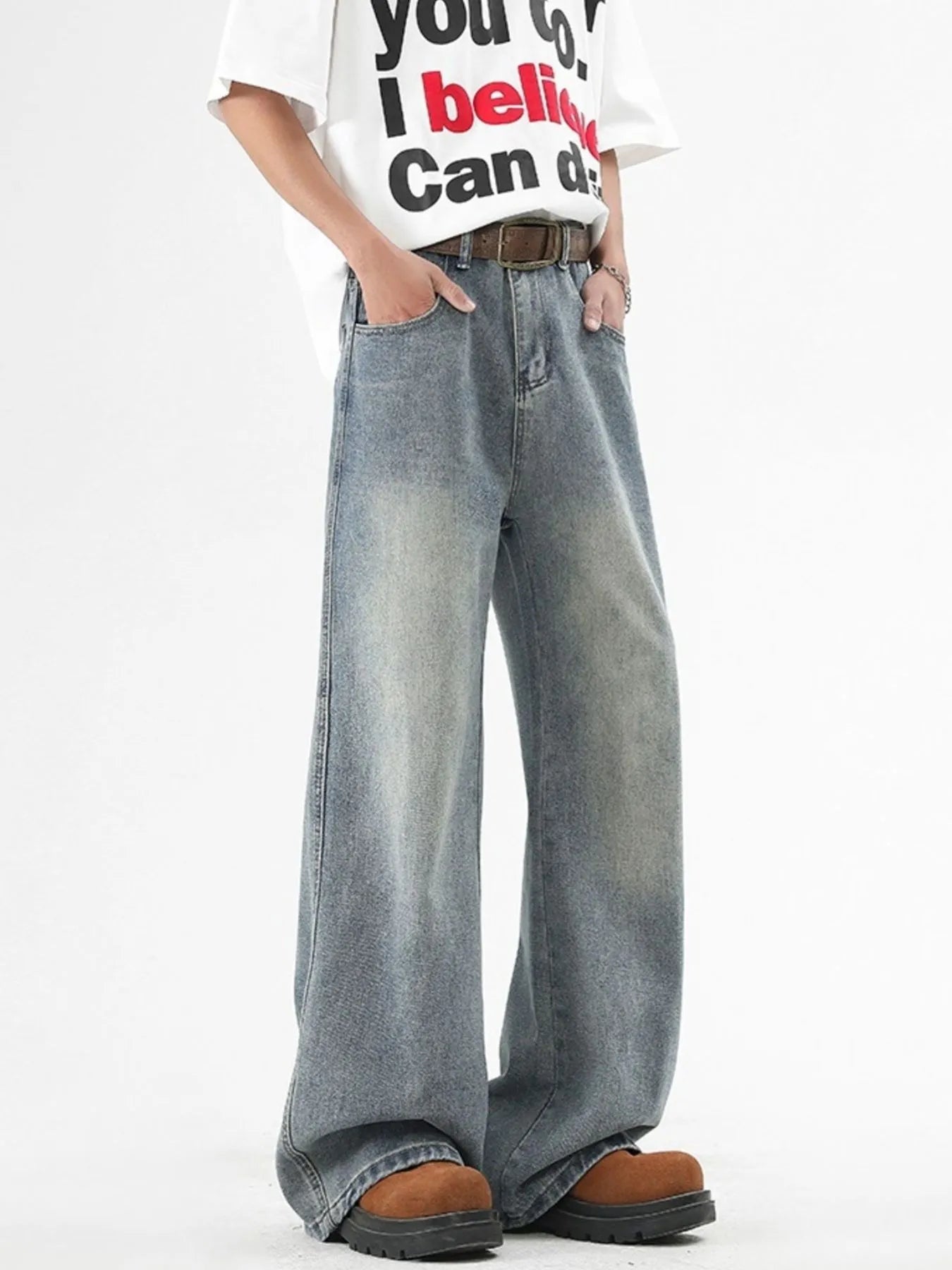 Men's Plus Size Washed Wide Leg Jeans