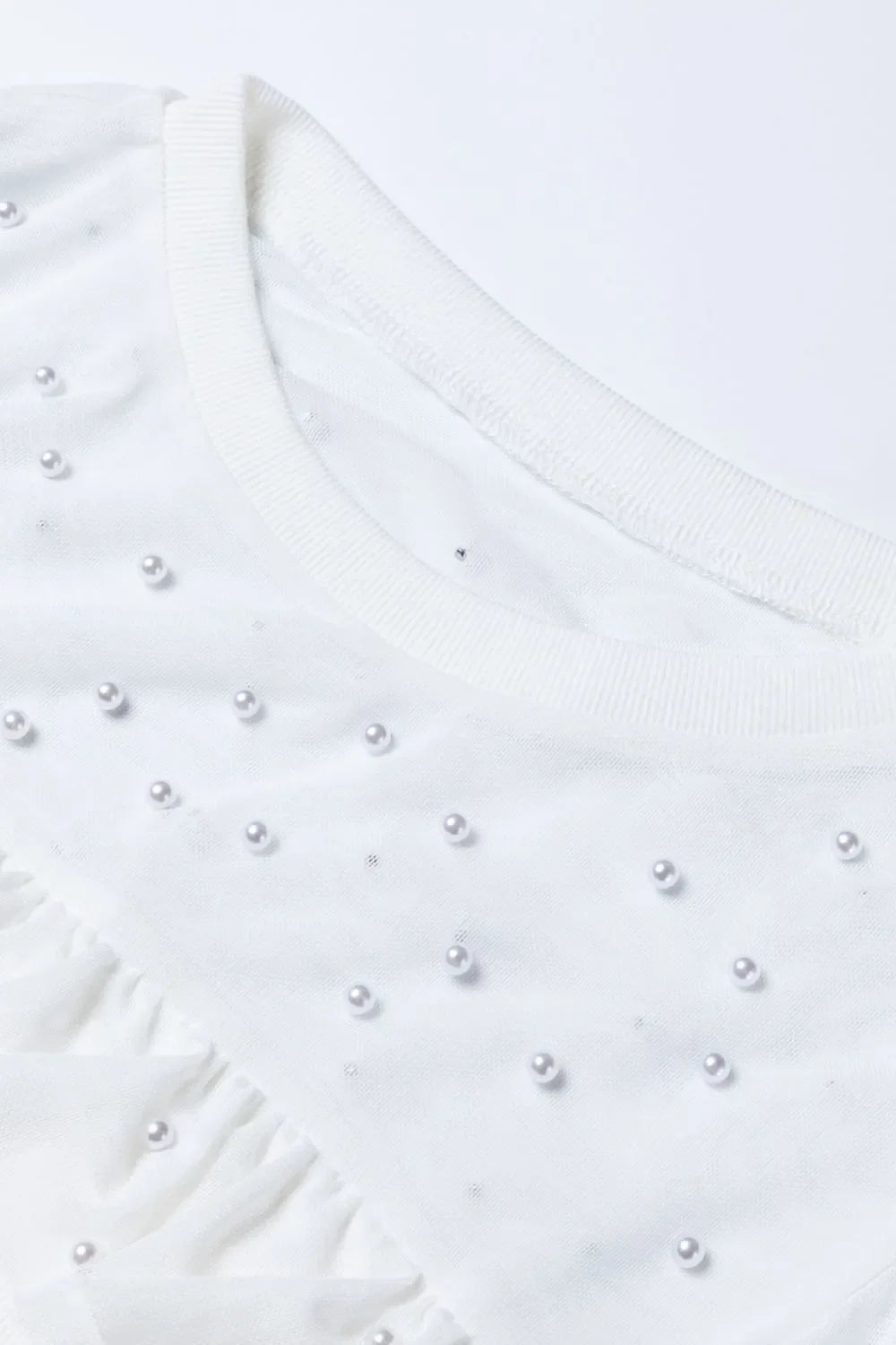 Pearl Decor Mesh Patchwork Ribbed Long Sleeve Top
