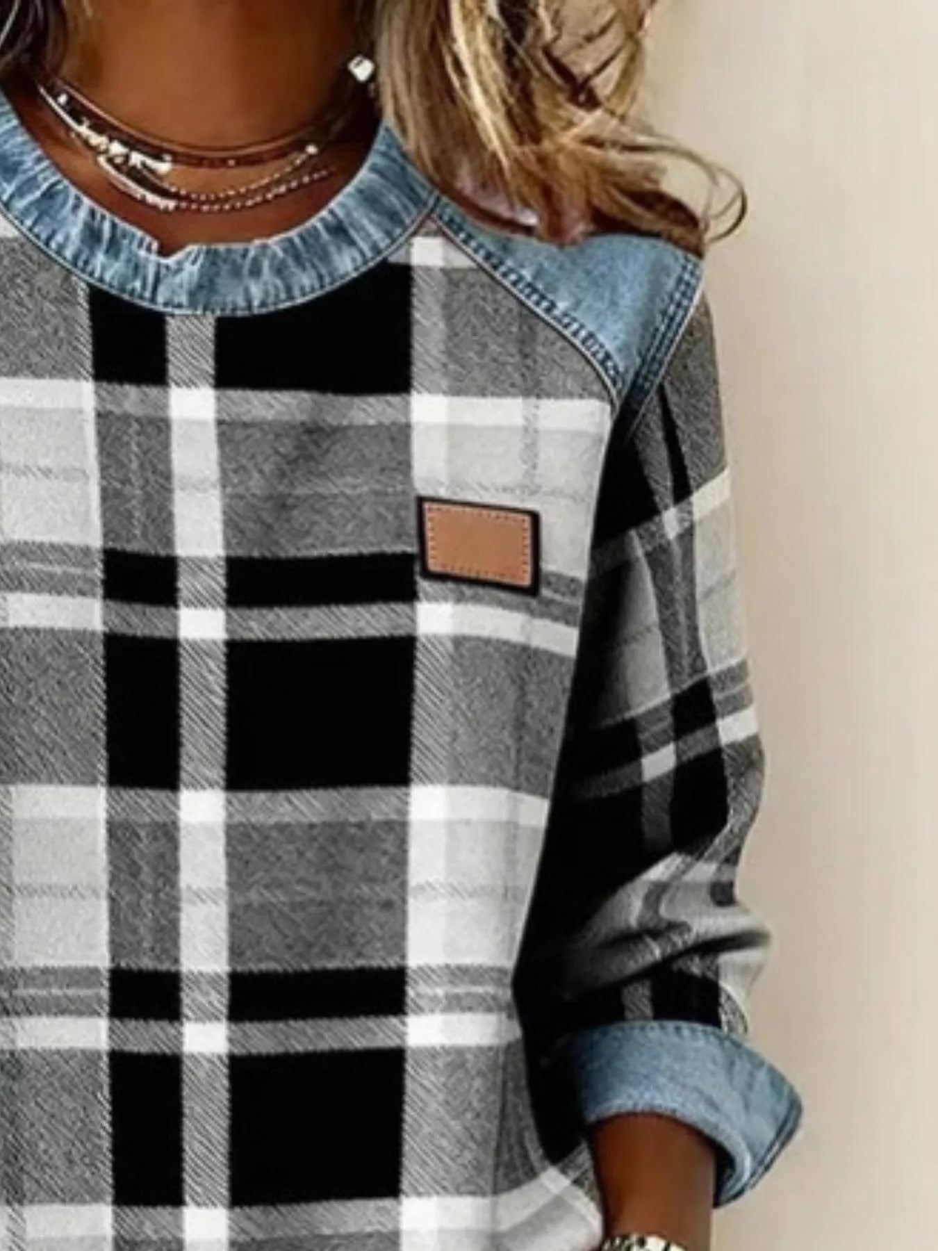 Full Size Plaid Denim Trim Long Sleeve Sweatshirt Plus Size