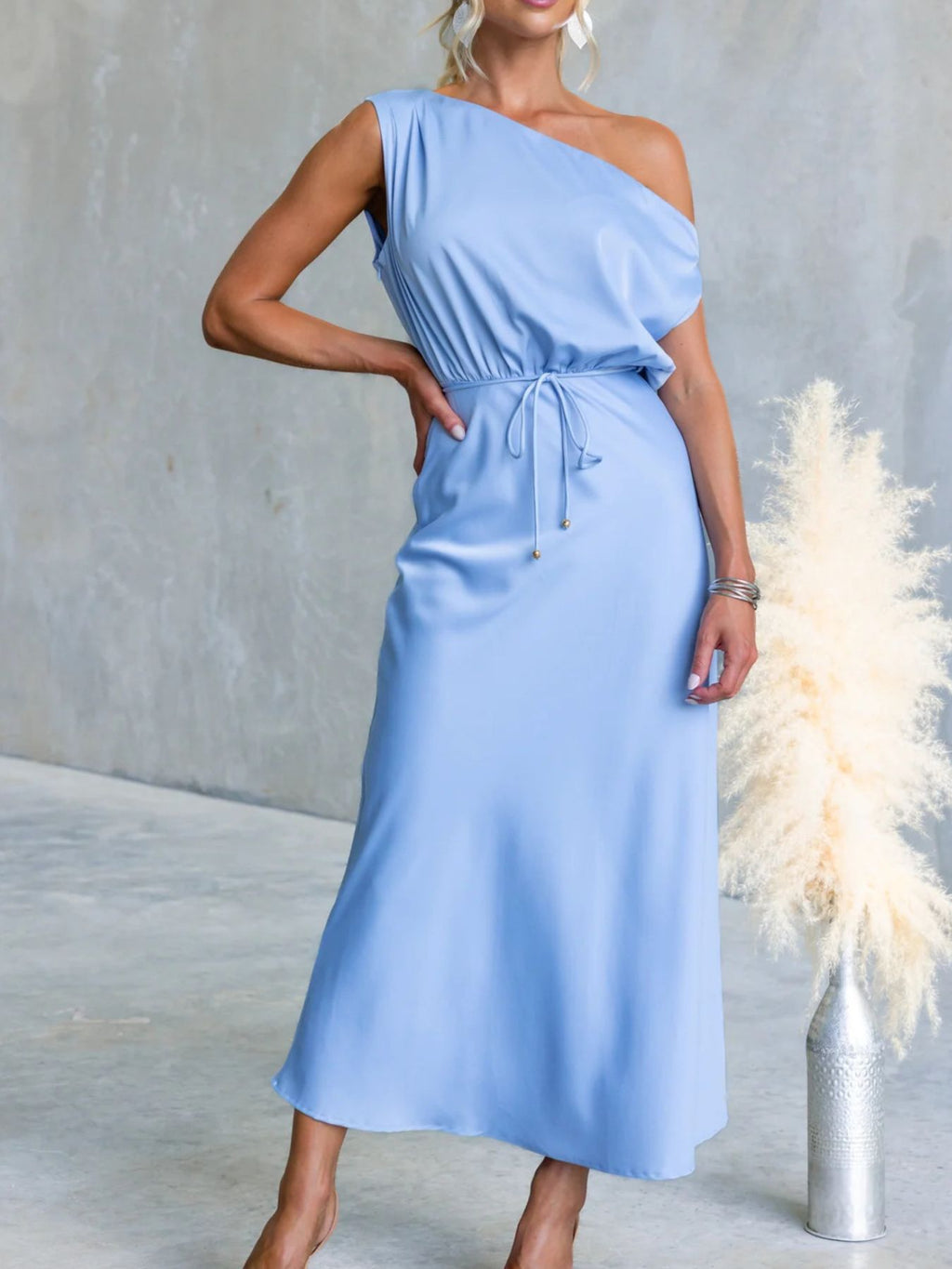 One-Shoulder Tied Midi Dress