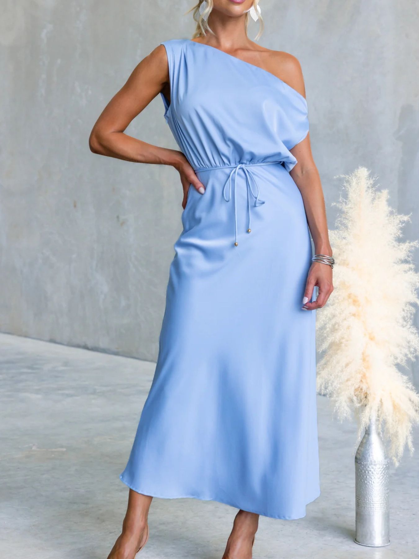 One-Shoulder Tied Midi Dress