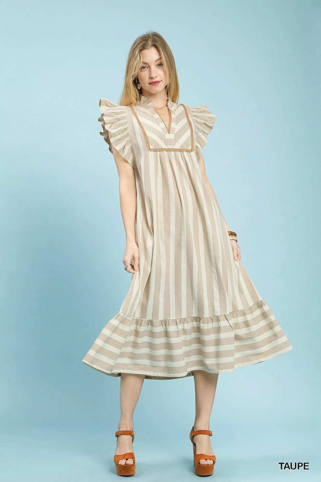 Umgee Stripe Ruffle Sleeve Tiered Midi Dress