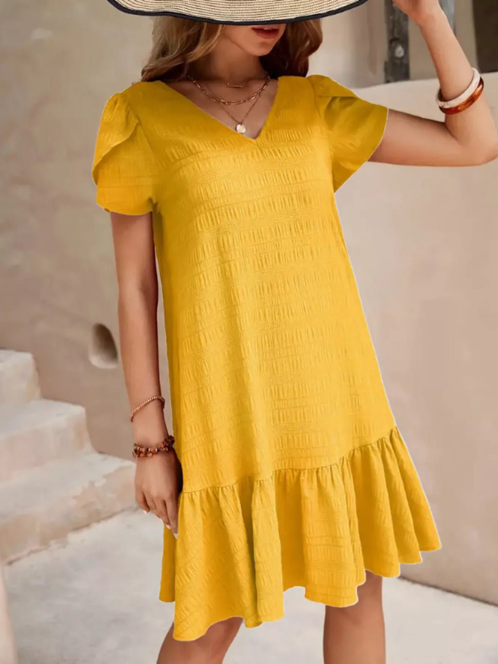 V-Neck Ruffle Hem Textured Mini Dress