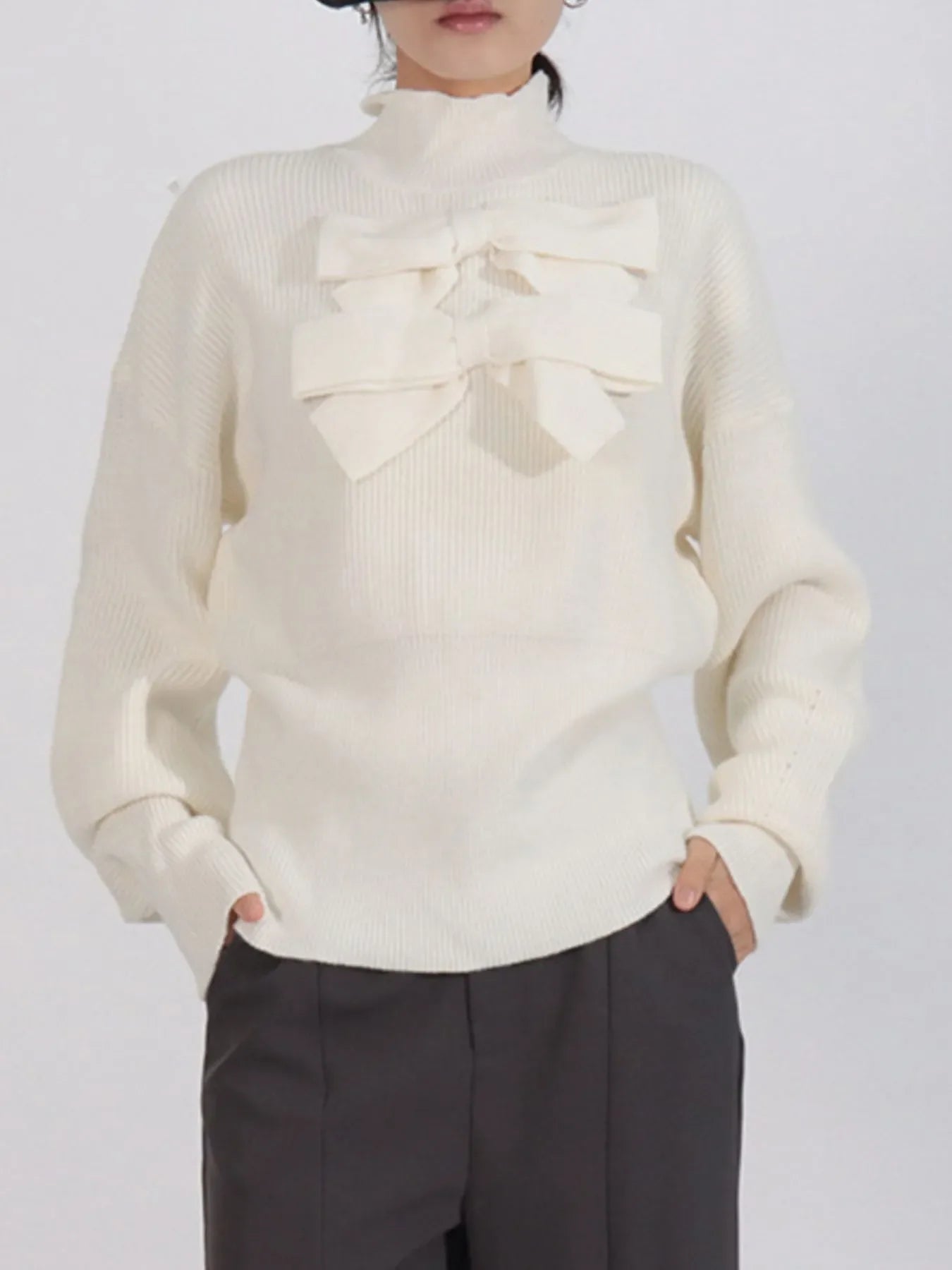 Bow Front Turtleneck Long Sleeve Sweater