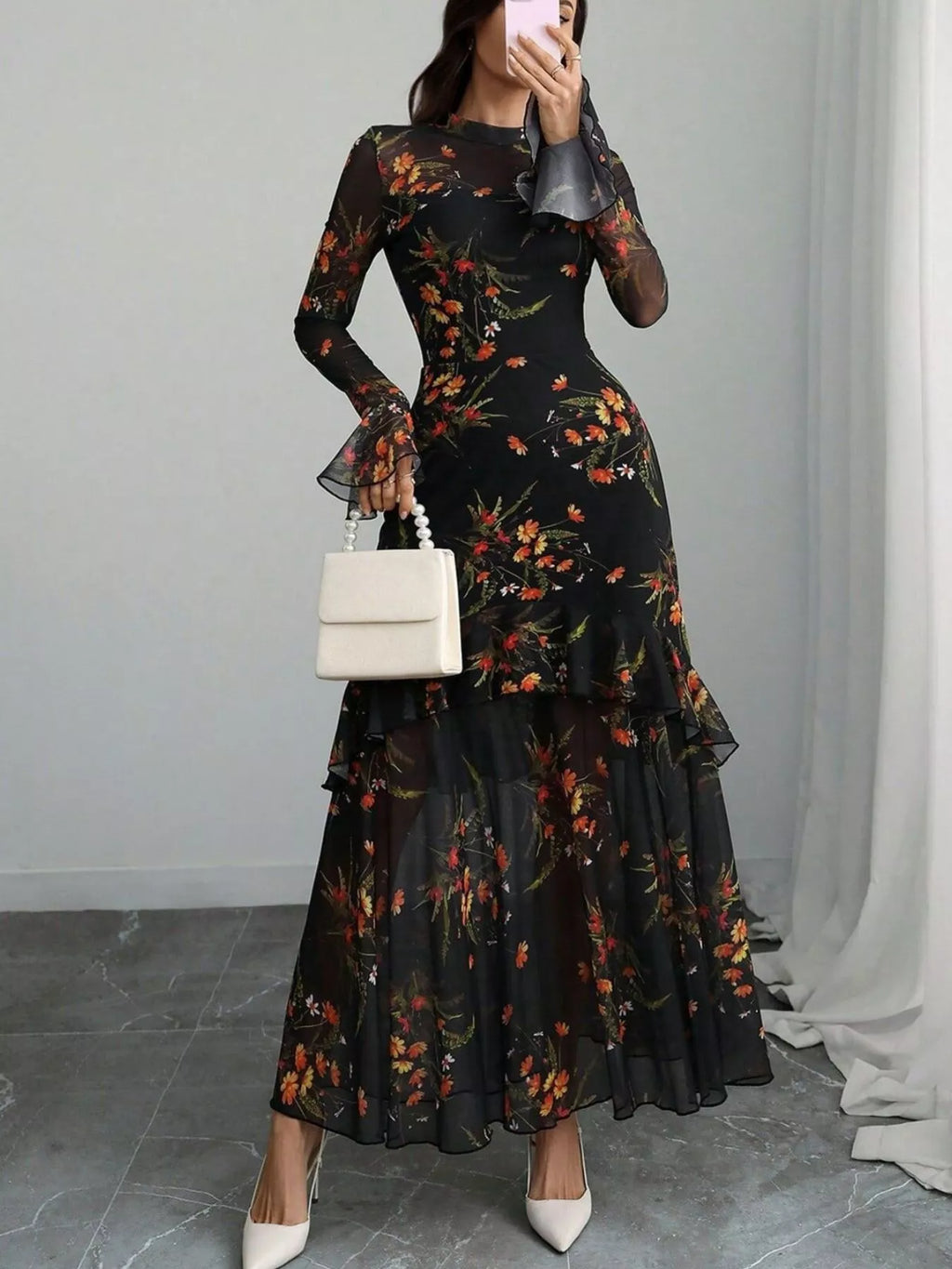 Floral Print Flounce Sleeve Mermaid Maxi Dress