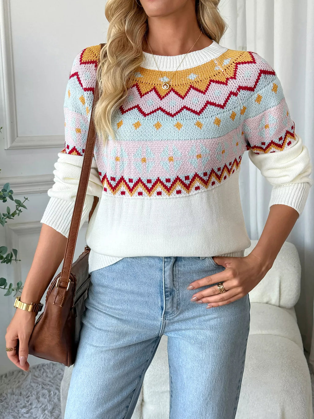 Geometric Round Neck Long Sleeve Sweater