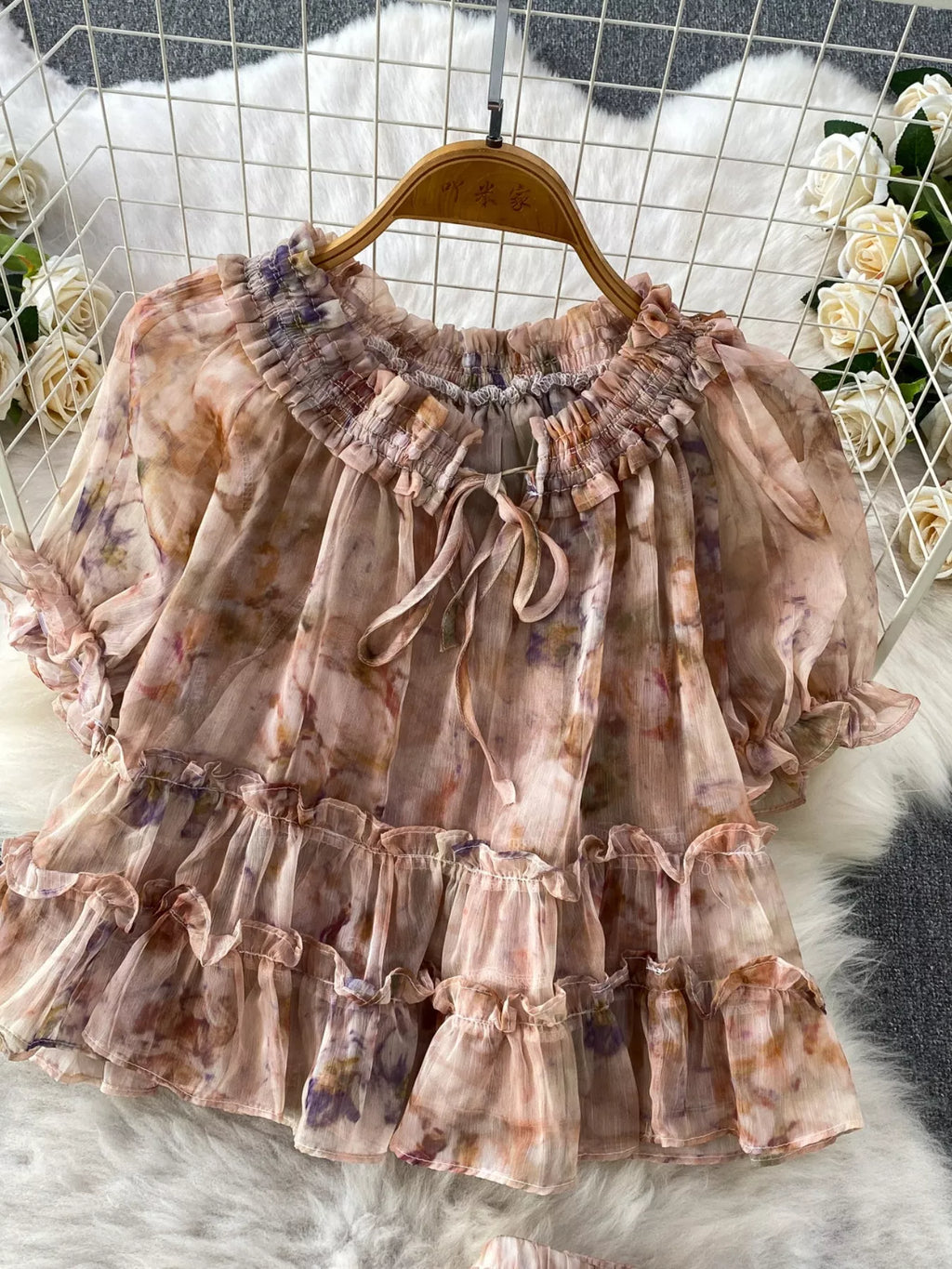 Floral Print Ruffle Hem Blouse and Skirt Set