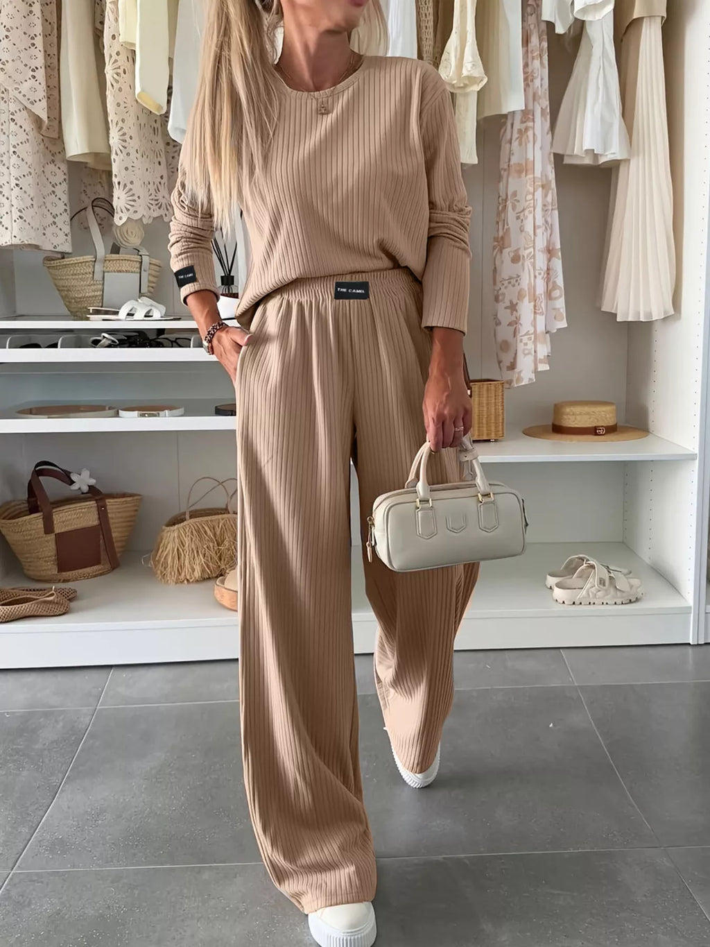Ribbed Knit Round Neck Top and Pants Set
