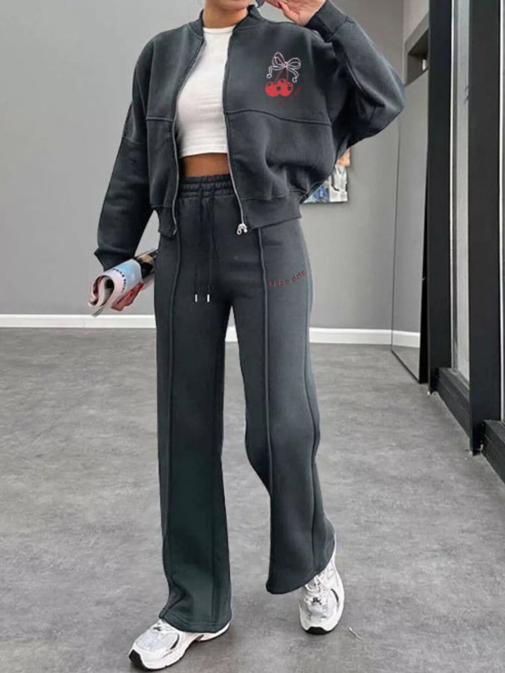 Zip Up Dropped Shoulder Outerwear and Pants Set