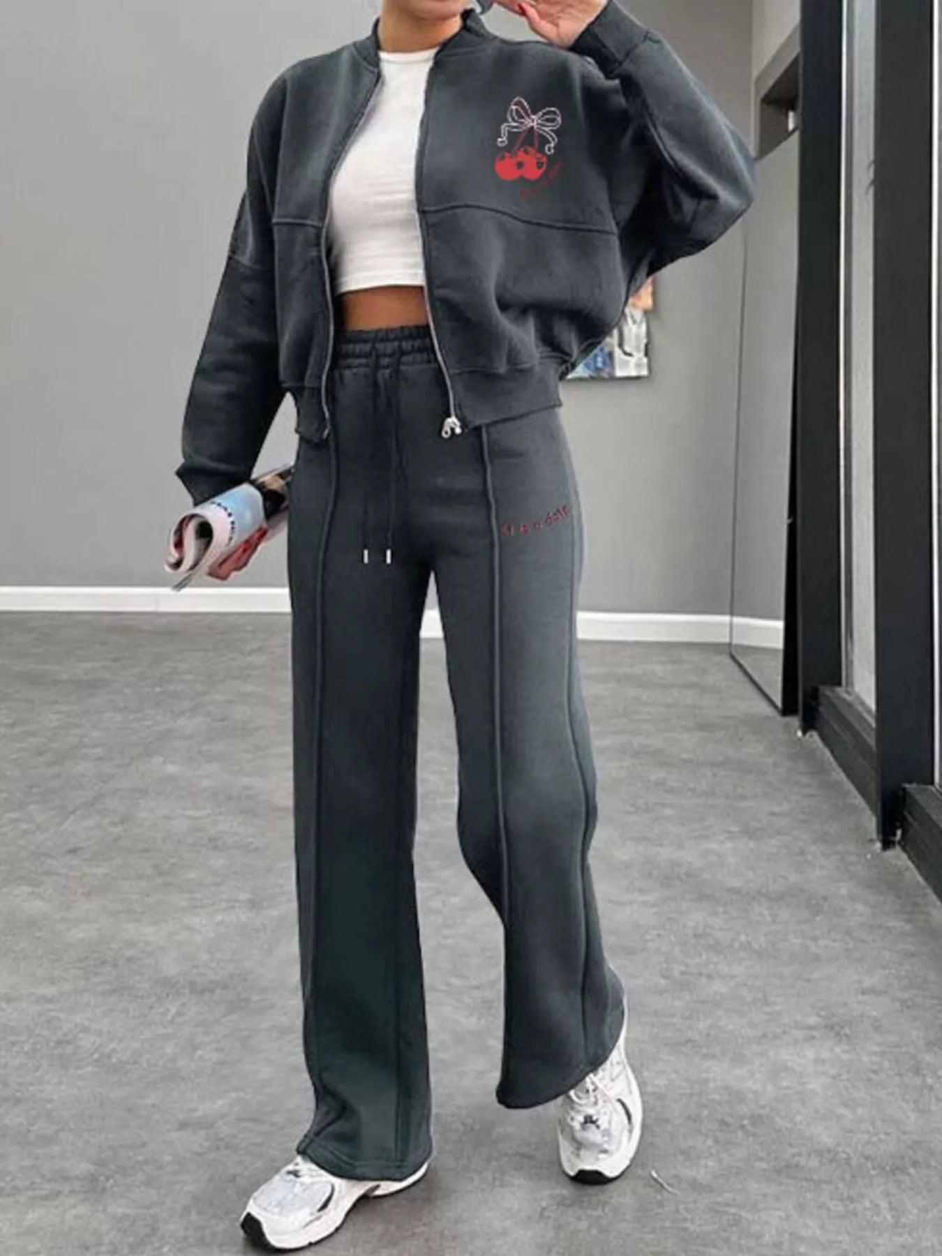 Zip Up Dropped Shoulder Outerwear and Pants Set