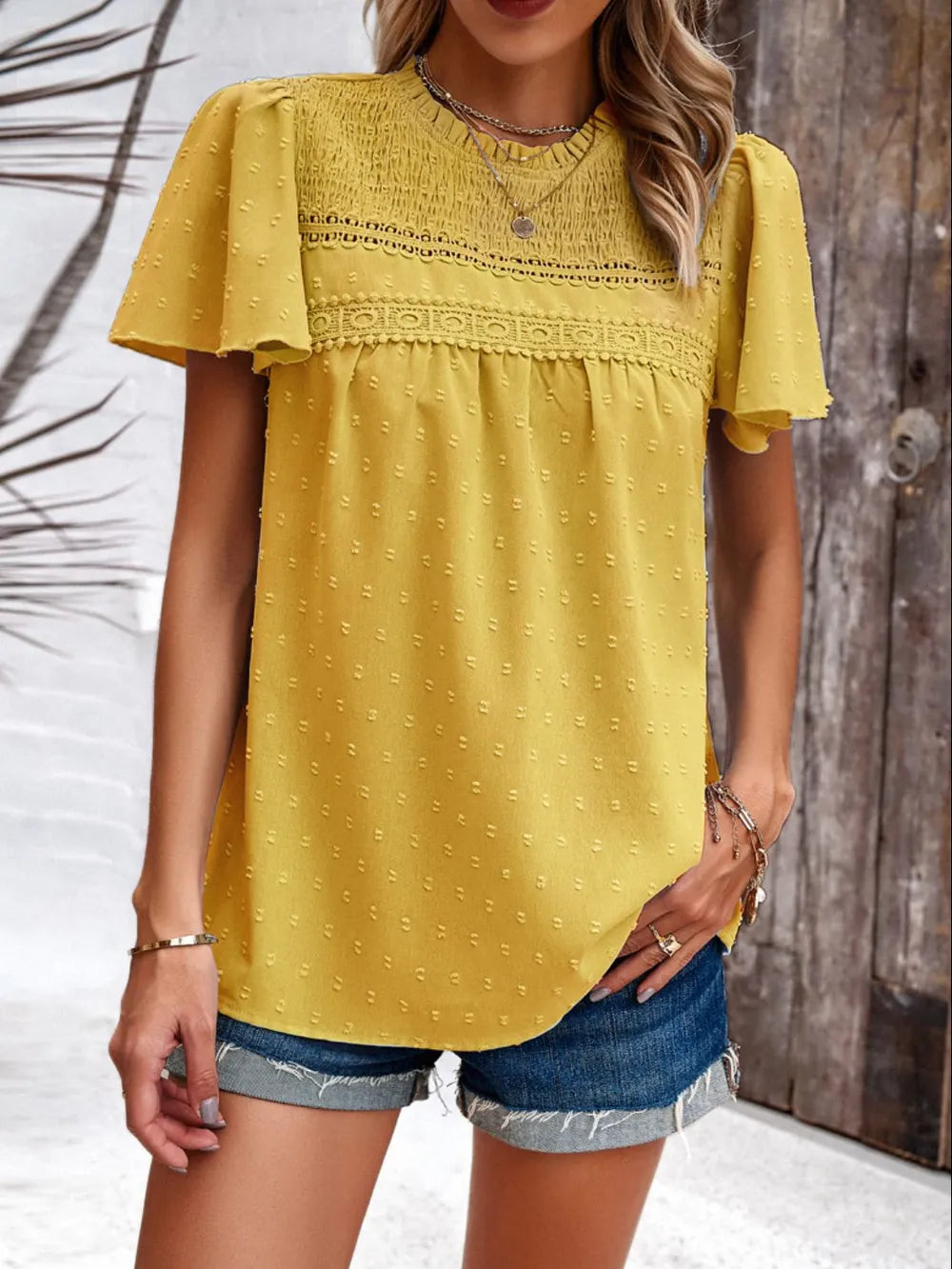 Devine Swiss Dot Smocked Round Neck Short Sleeve Blouse